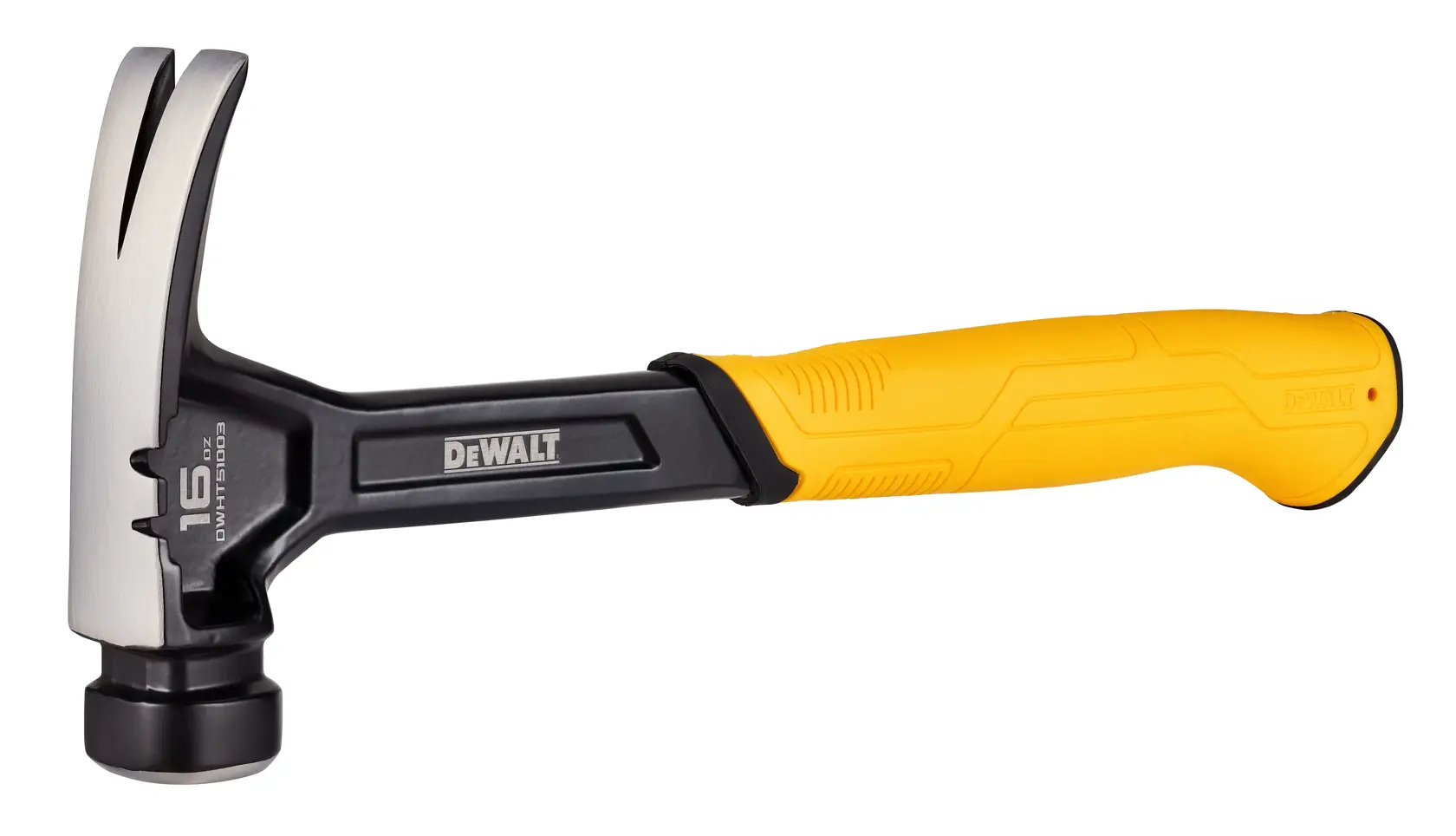 A DEWALT 16 oz claw hammer with a yellow and black handle, designed for driving and removing nails.