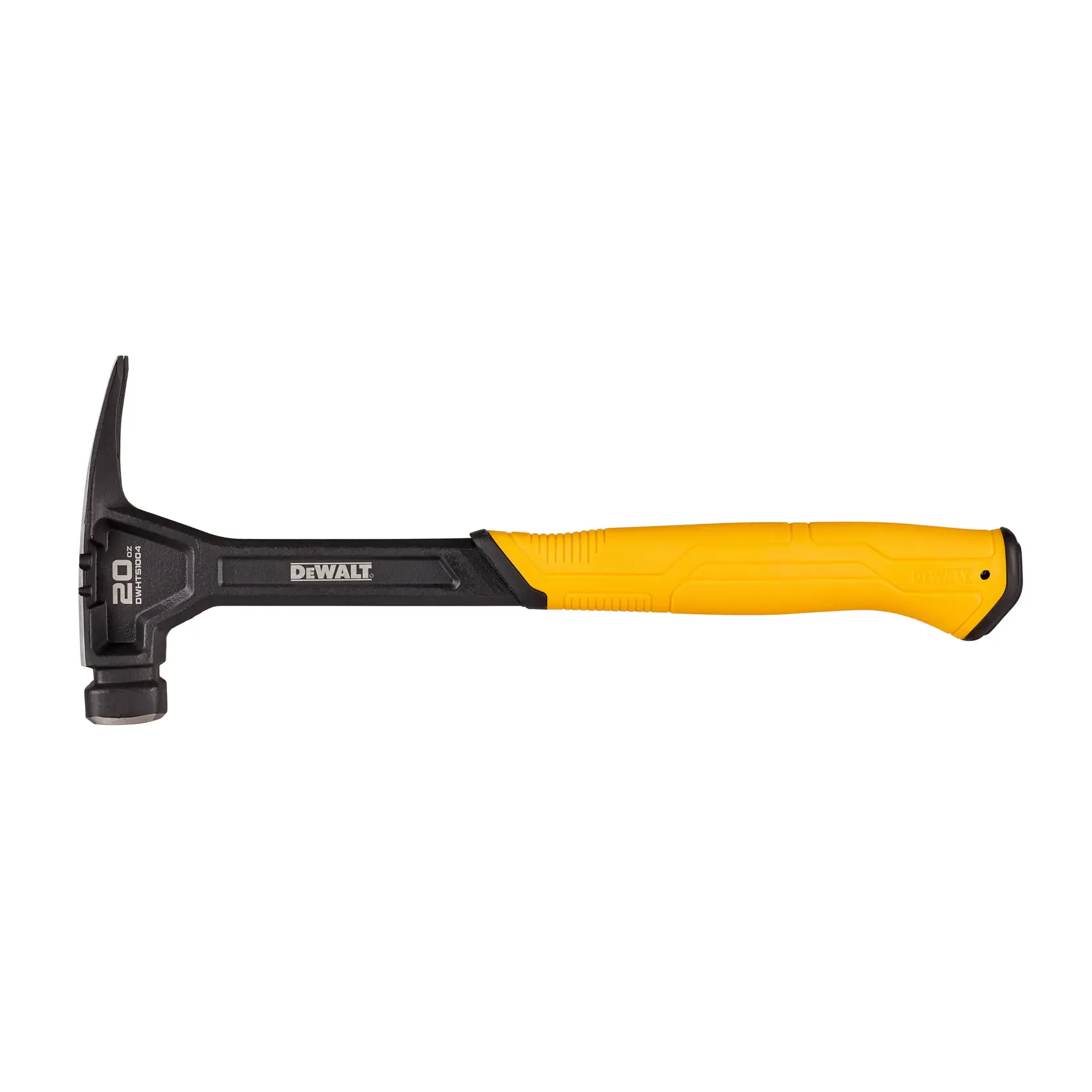 A DEWALT 20 oz claw hammer with a black head and shaft, and a yellow ergonomic handle, displayed on a white background.