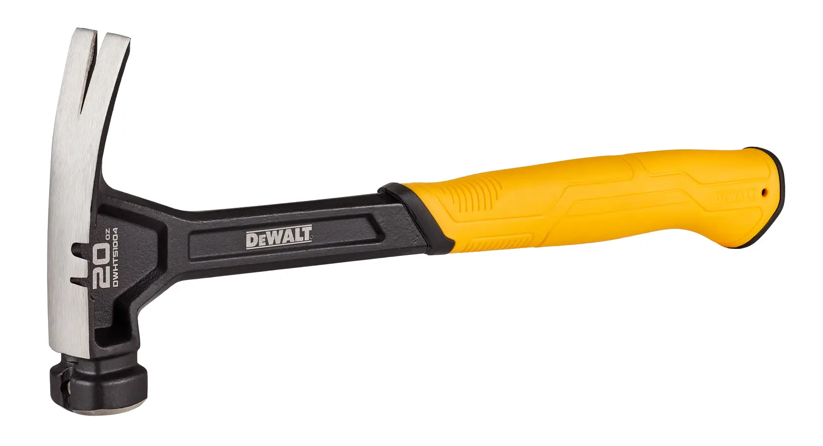 A DEWALT claw hammer with a black and yellow handle and a silver metal head, model DWHT51004, designed for construction or carpentry work.