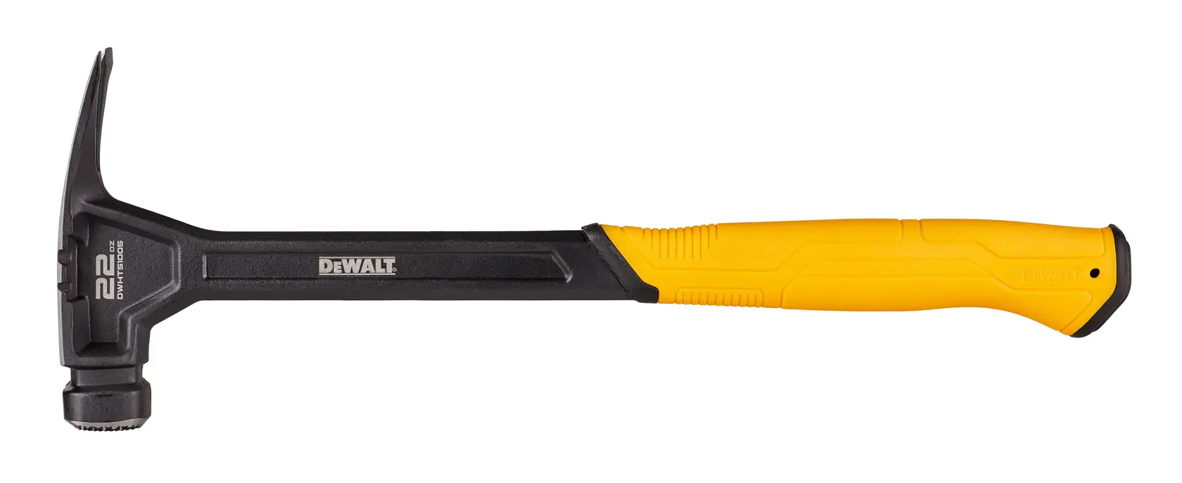 A DEWALT claw hammer with a yellow and black handle, shown in a side view against a white background.