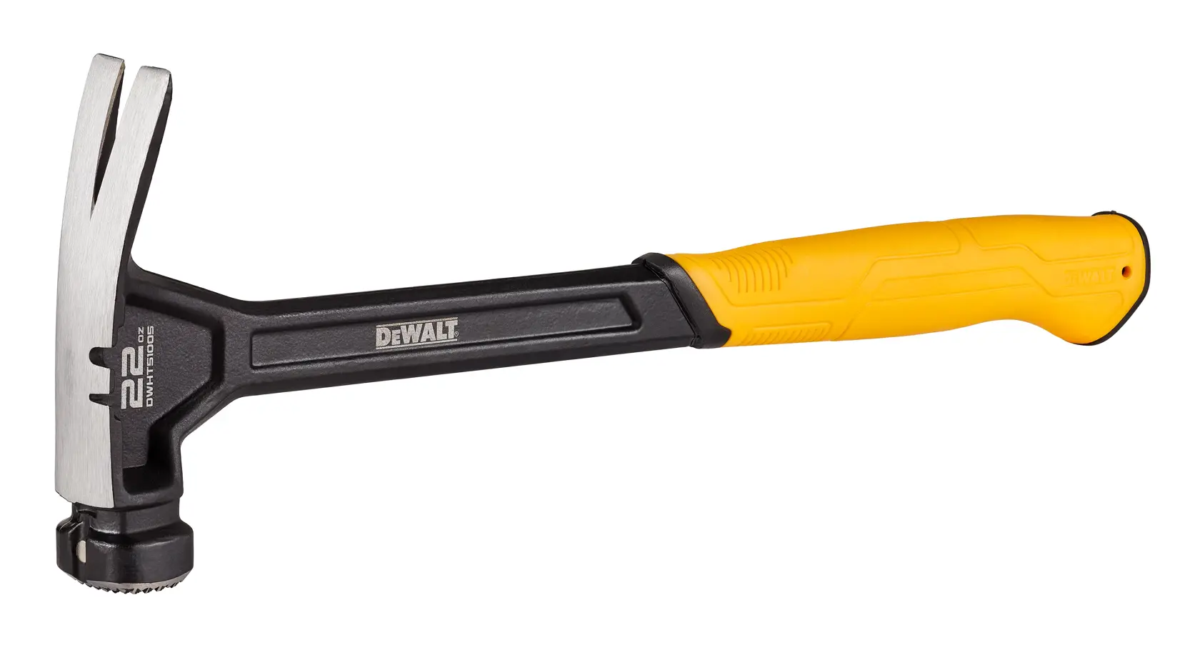 A DEWALT 22 oz claw hammer with a yellow and black handle, designed for heavy-duty use.