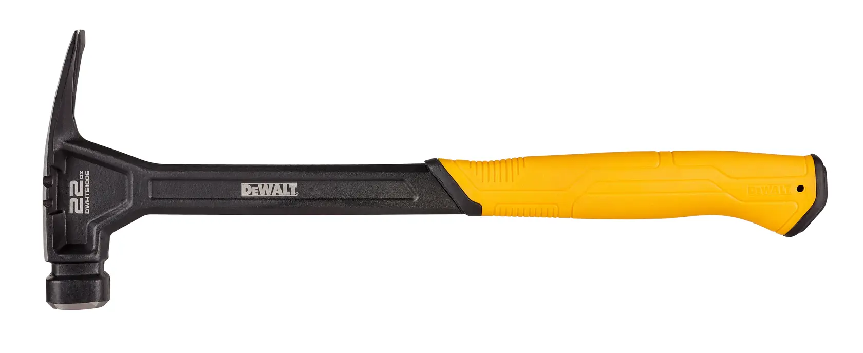 A DEWALT claw hammer with a black head and shaft, and a yellow ergonomic handle. The hammer is photographed on a white background.