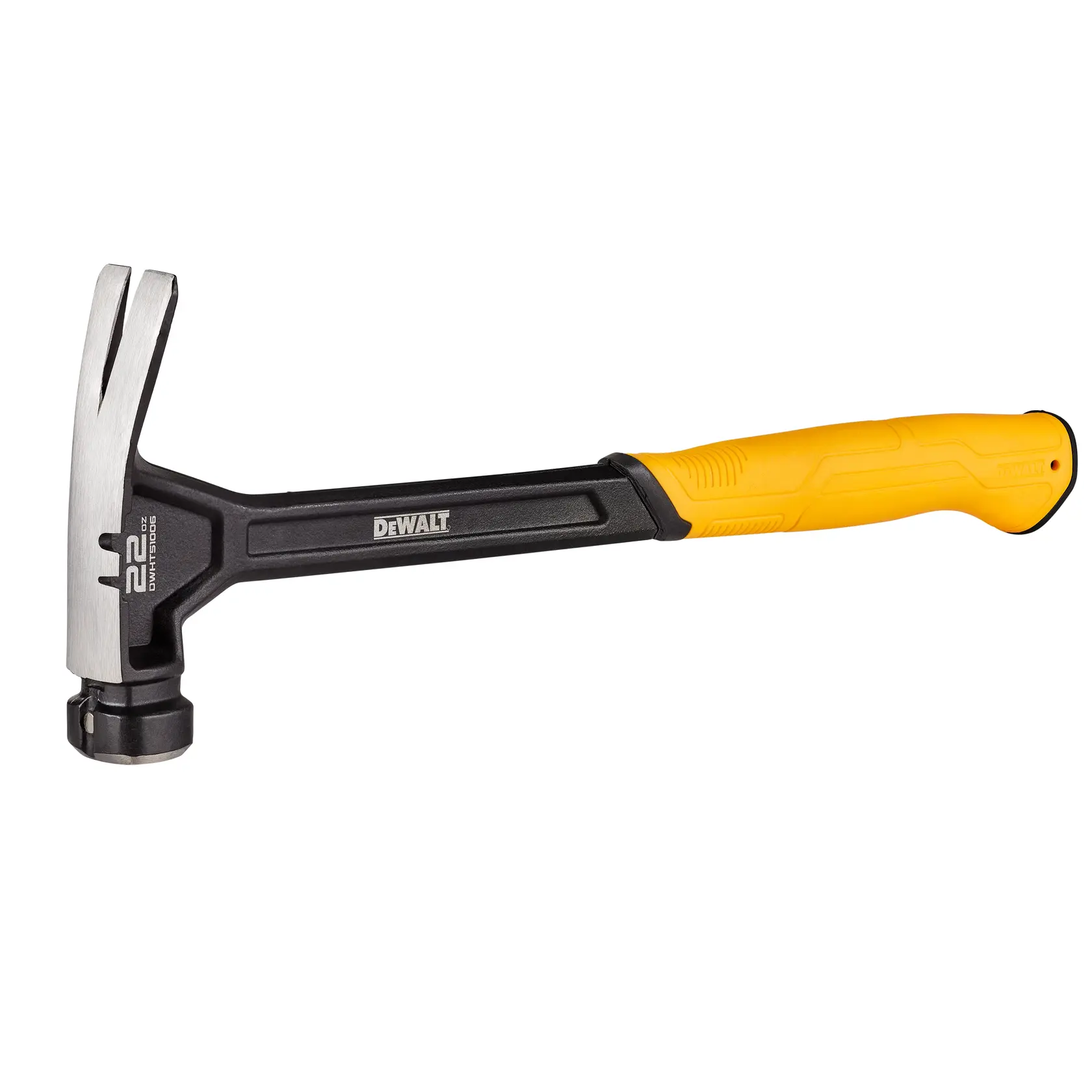 A DEWALT claw hammer with a black and yellow handle and a steel head, shown on a white background.