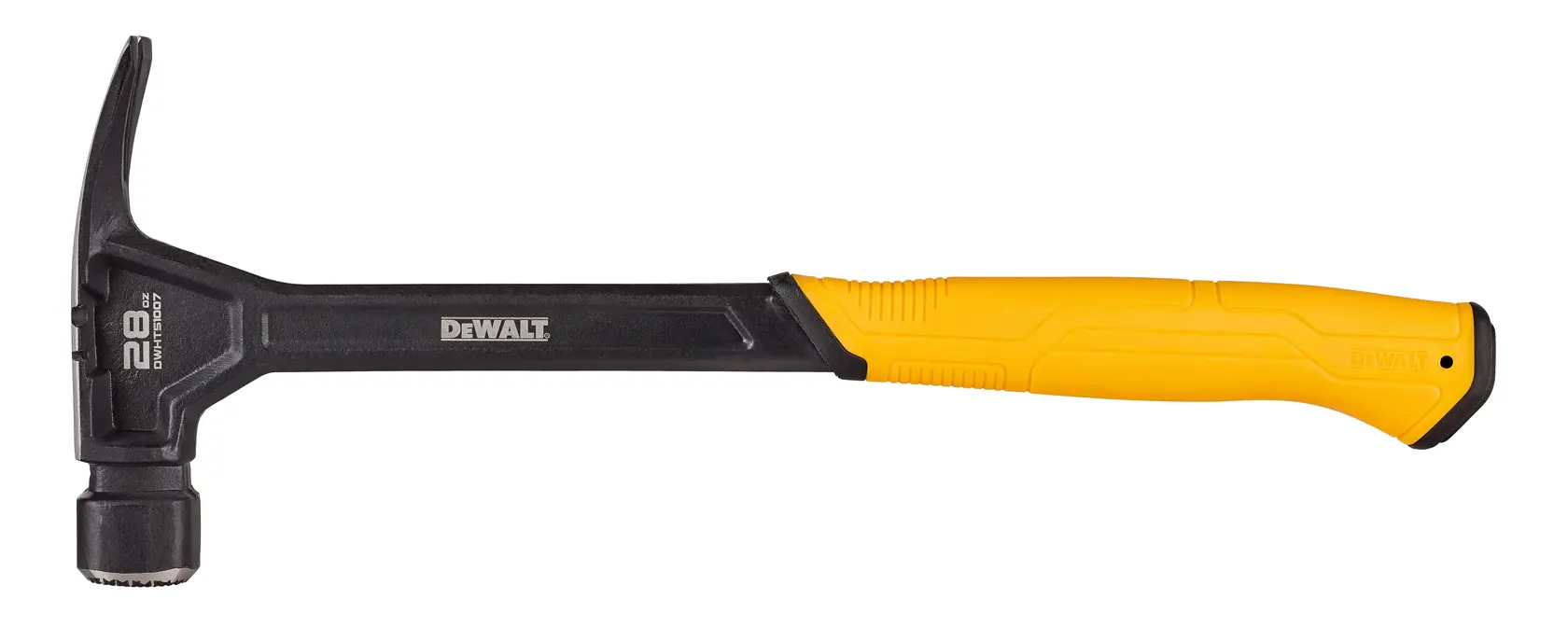 DEWALT claw hammer with black head and yellow handle on a white background.
