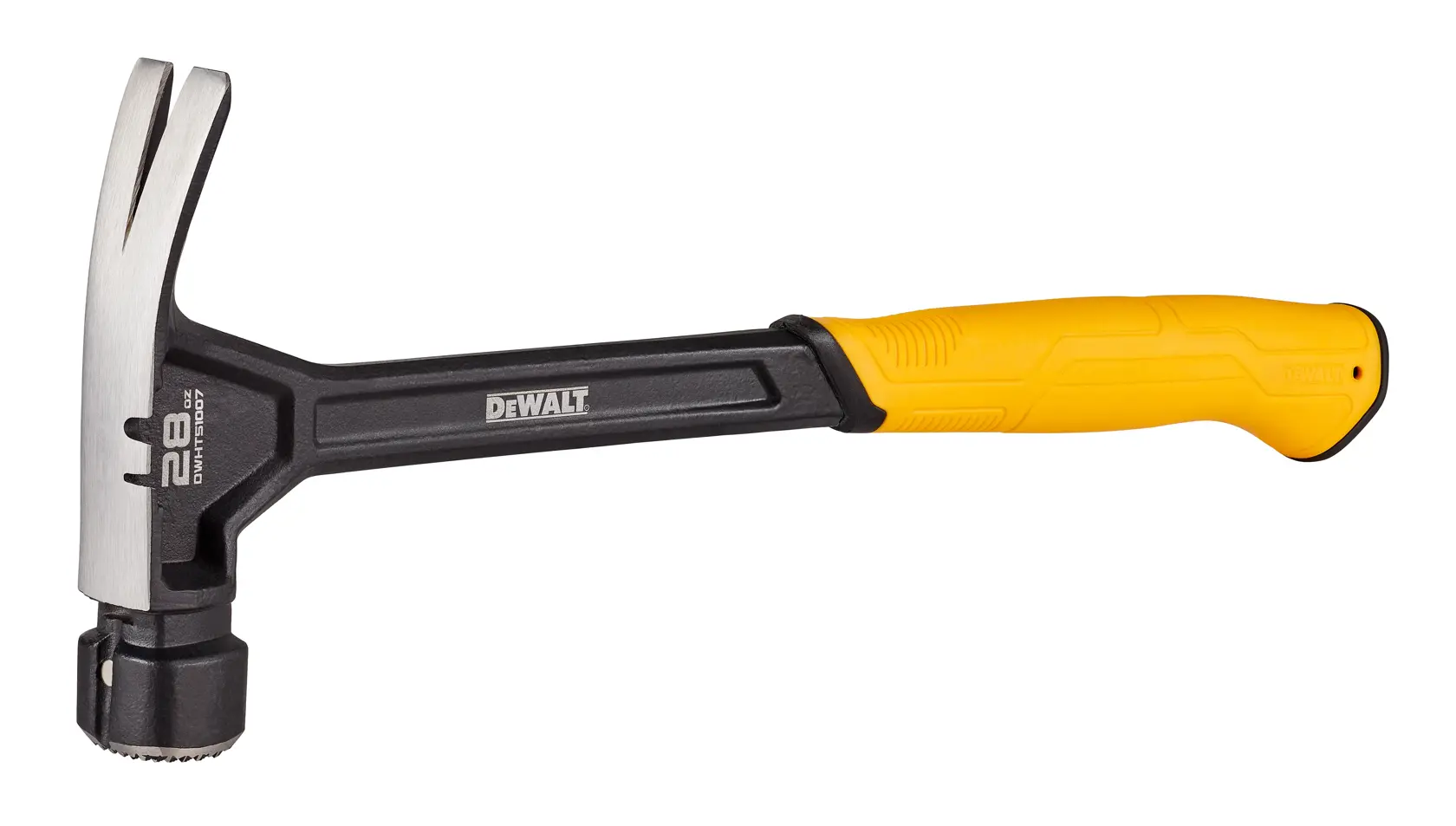 DEWALT hammer with yellow and black handle, claw head, and 28 oz marking shown against a white background.