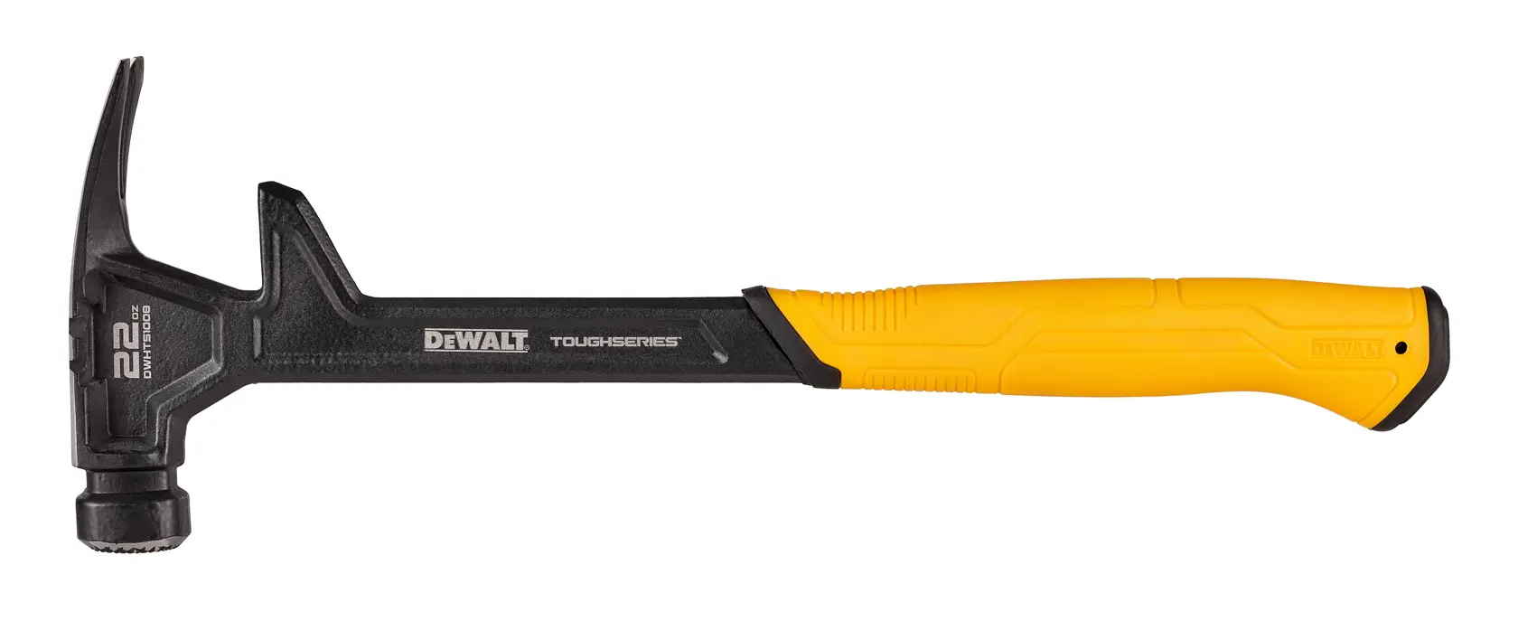 A DEWALT ToughSeries claw hammer with a black metal head and shaft, and a yellow ergonomic handle.