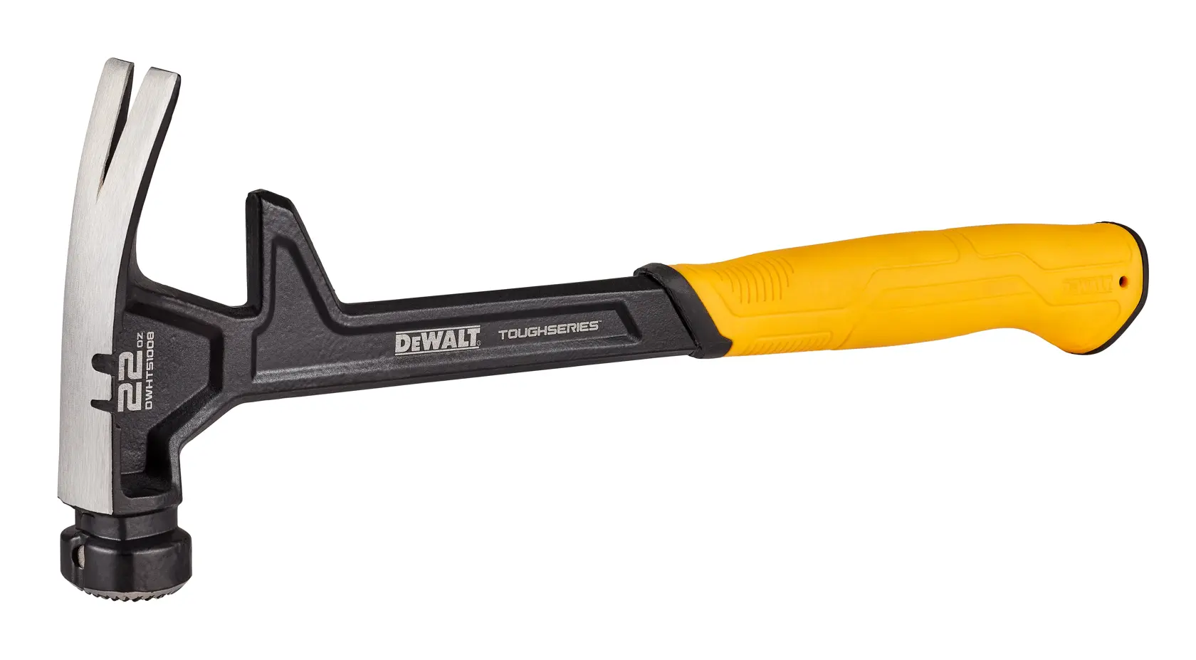 A DEWALT ToughSeries claw hammer with a yellow handle and black shaft, designed for heavy-duty use. The hammer head has a polished metallic finish with a claw for removing nails.