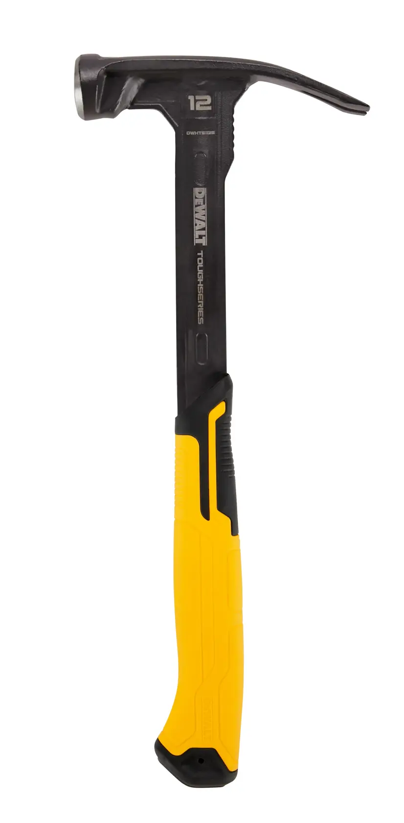 A DEWALT claw hammer with a black metal head and shaft, featuring a yellow and black ergonomic handle, displayed on a white background.