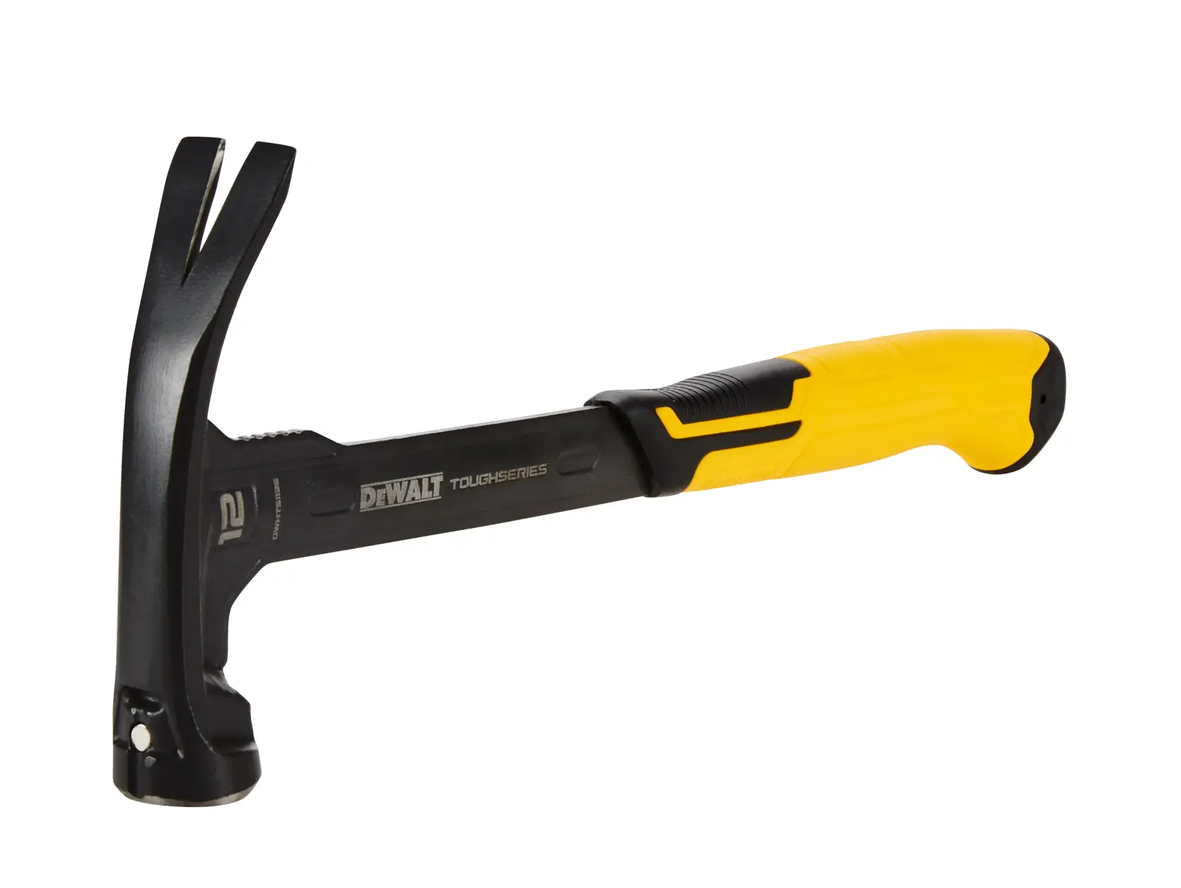 A DEWALT ToughSeries claw hammer with a black metal head and shaft, featuring a yellow and black ergonomic handle.