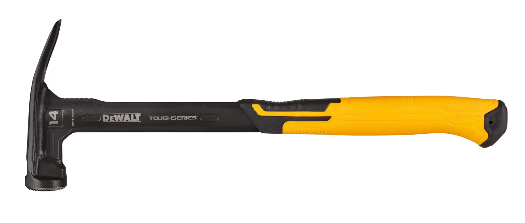 DEWALT Tough Series 14 oz black and yellow hammer with a straight claw and ergonomic handle, displayed on a white background.
