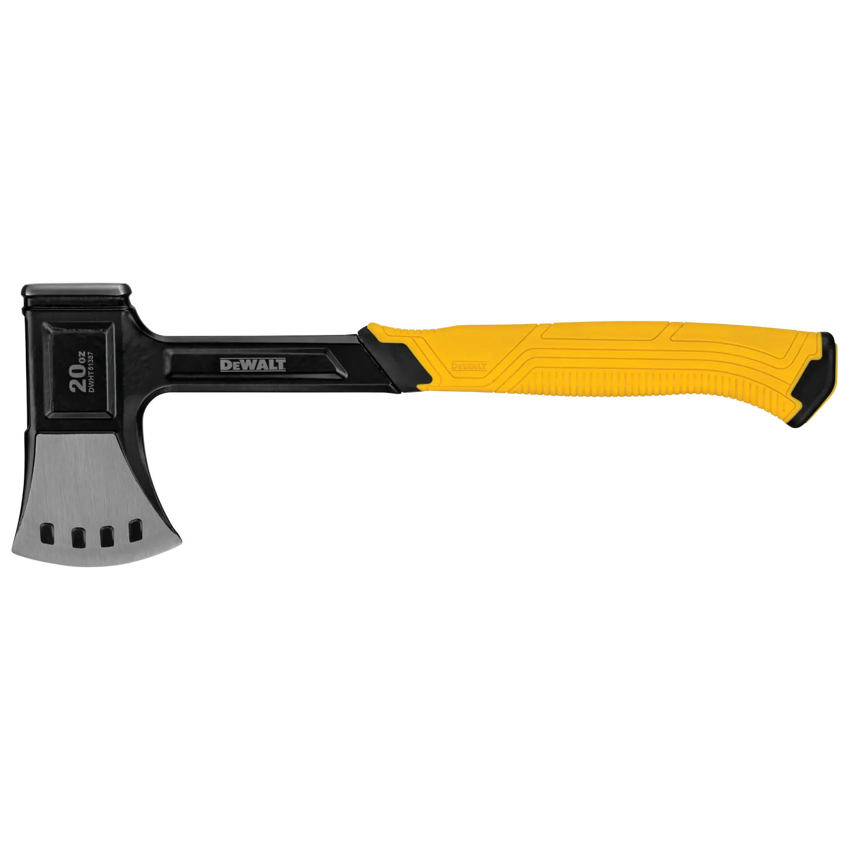 A DEWALT 20 oz axe with a yellow and black handle and silver blade, shown against a white background.