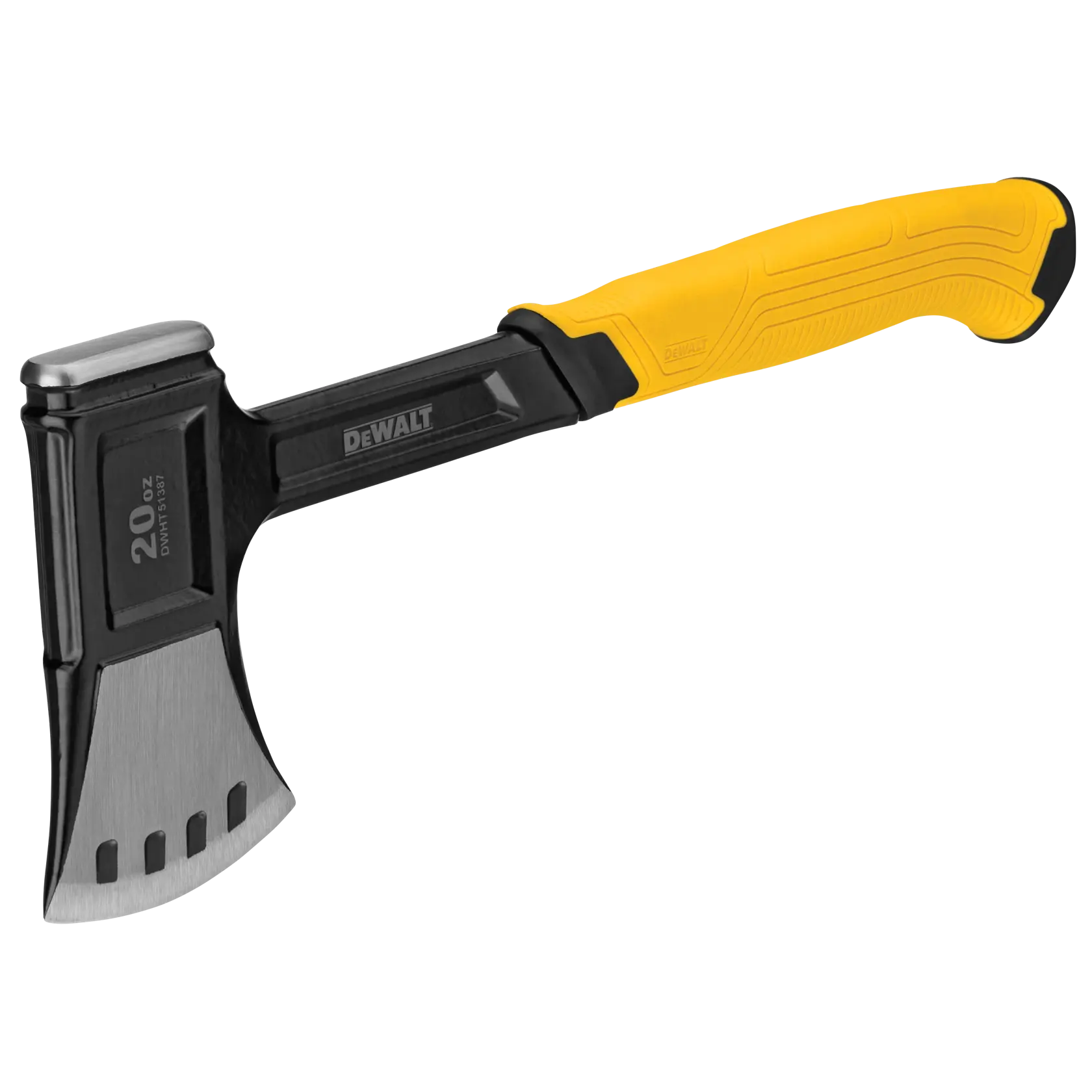 A DEWALT 20 oz hatchet with a sharp metal blade and a yellow textured handle. The hatchet head is black and silver, and the handle features ergonomic grip details.