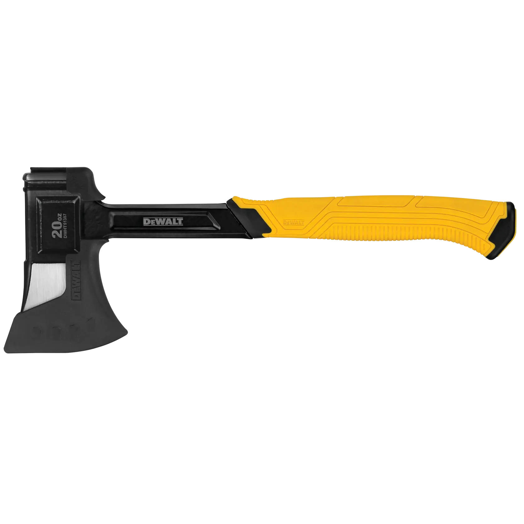 A DEWALT 20 oz axe with a black metal head and a yellow ergonomic handle.