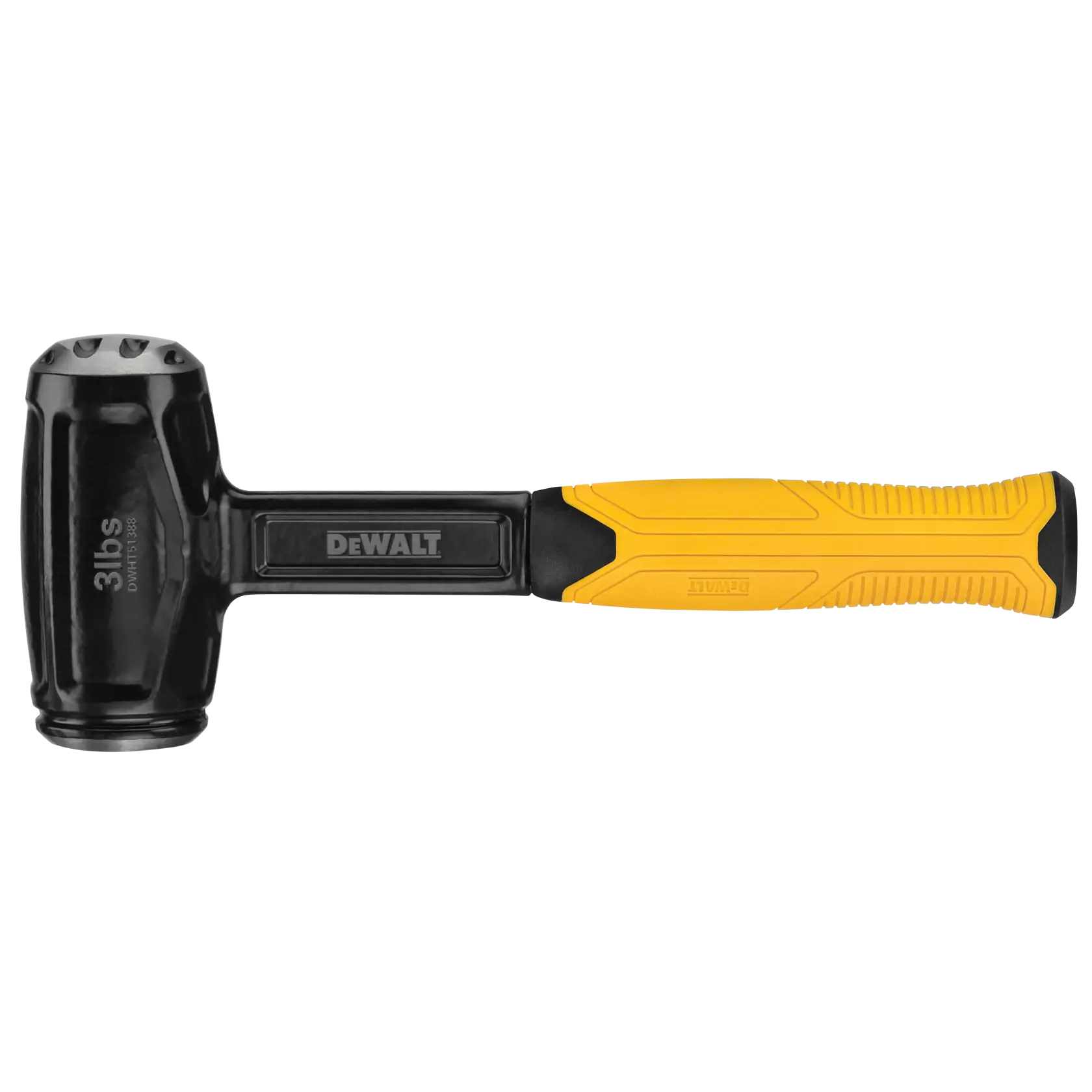 A DEWALT 3-pound dead blow hammer with a black head and handle, featuring a yellow and black ergonomic grip.