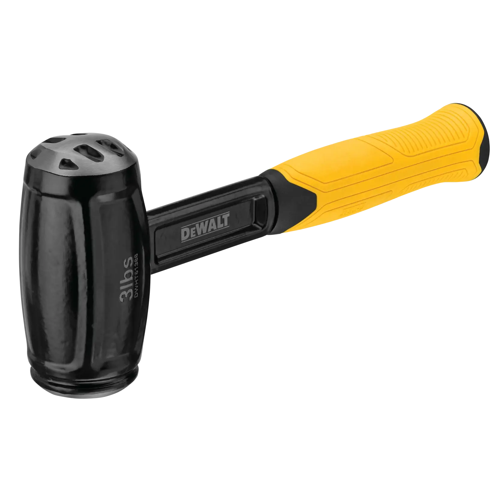 A DEWALT dead blow hammer with a black head and a yellow textured handle, shown on a white background.