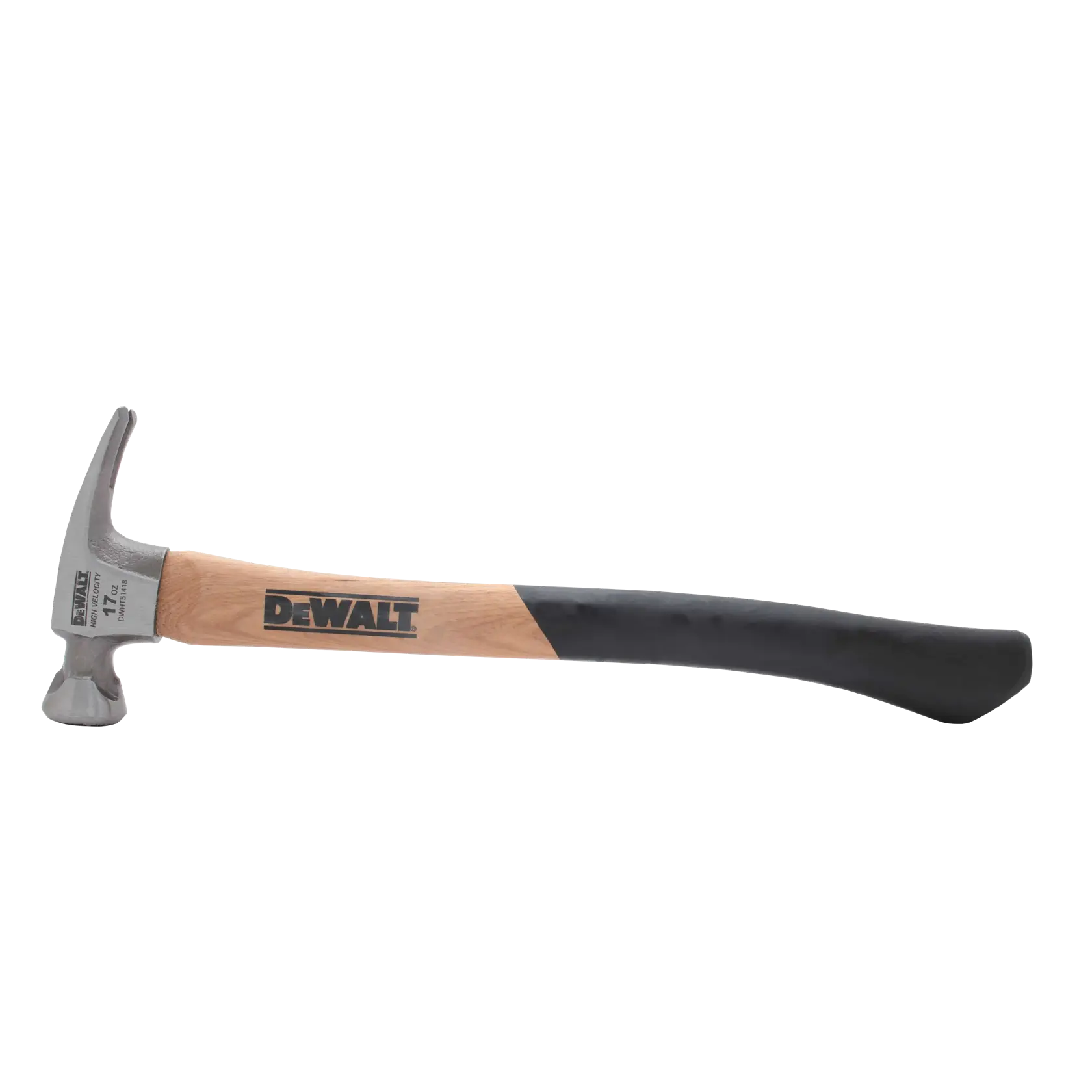 A DEWALT claw hammer with a wooden handle partially covered in black material, shown against a white background.