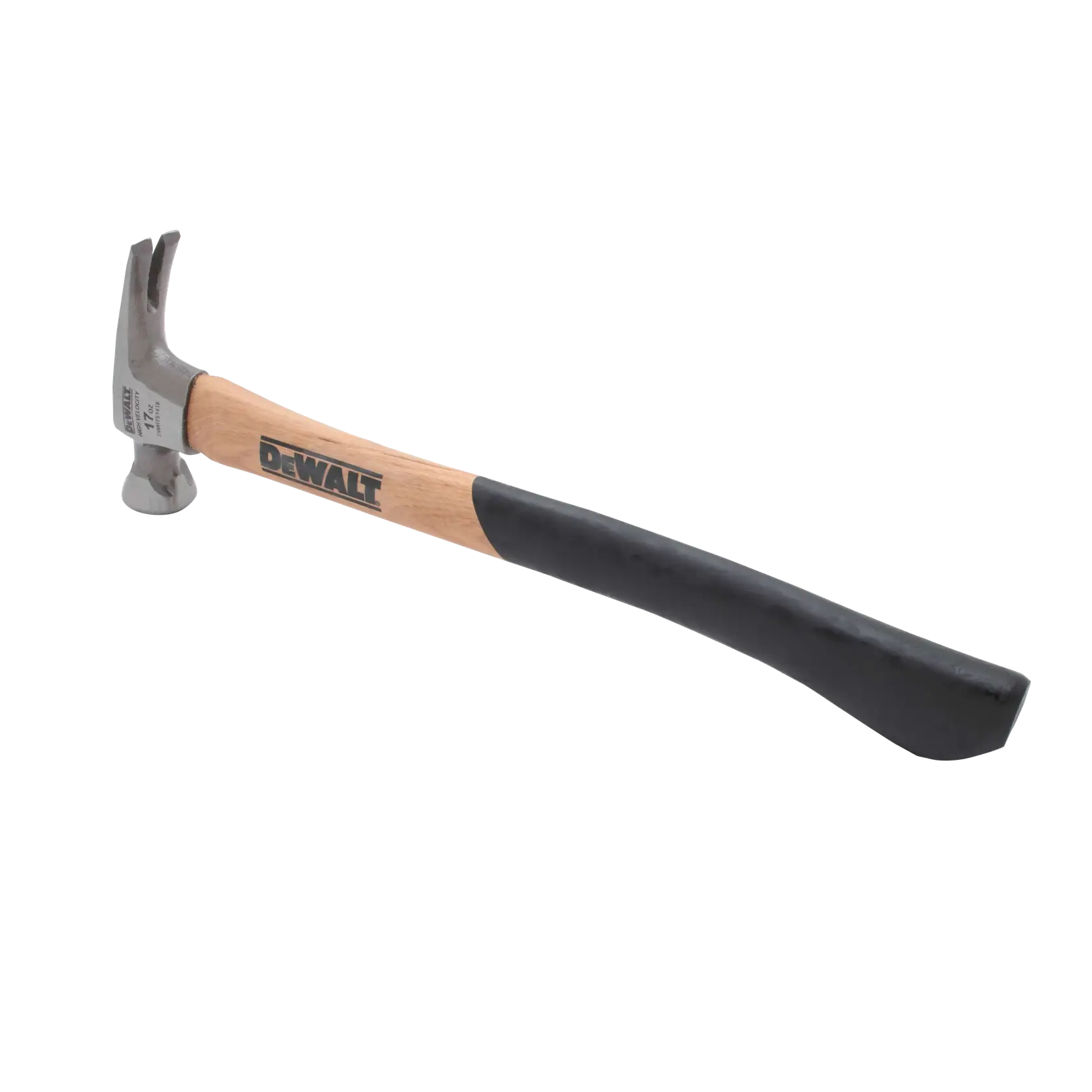 A DEWALT claw hammer with a wooden handle and black grip, featuring a metal head with a curved claw for nail removal.