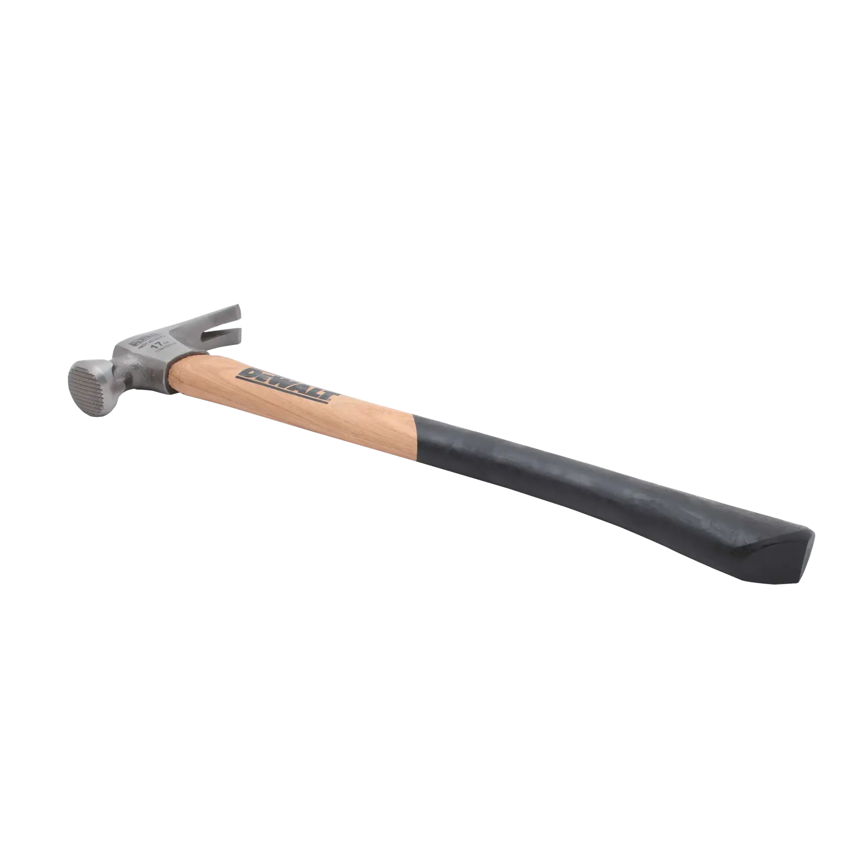 A DEWALT claw hammer with a wooden handle and a black grip. The head of the hammer is metallic, featuring a textured striking face and a claw for removing nails.