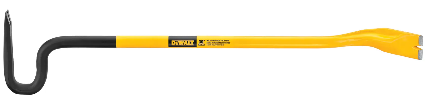 A DEWALT 30-inch demolition bar with a yellow handle and black curved claw, designed for heavy-duty prying and demolition tasks.