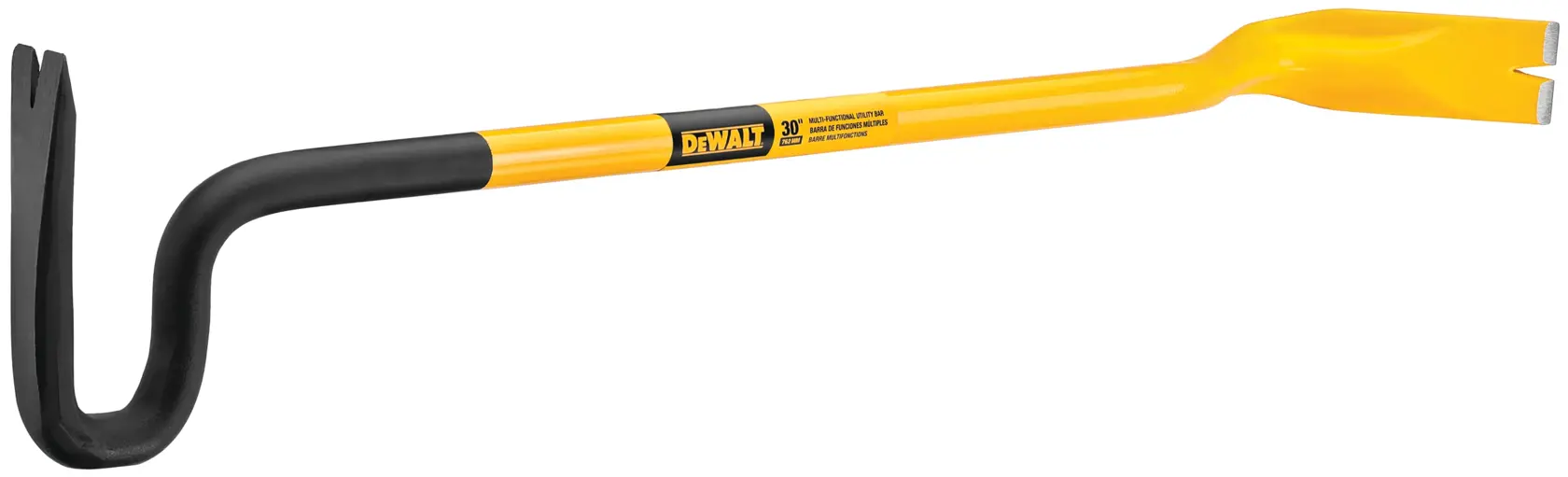 A DEWALT yellow and black demolition pry bar tool with a curved claw end and a flat angled end, designed for pulling nails and prying materials.