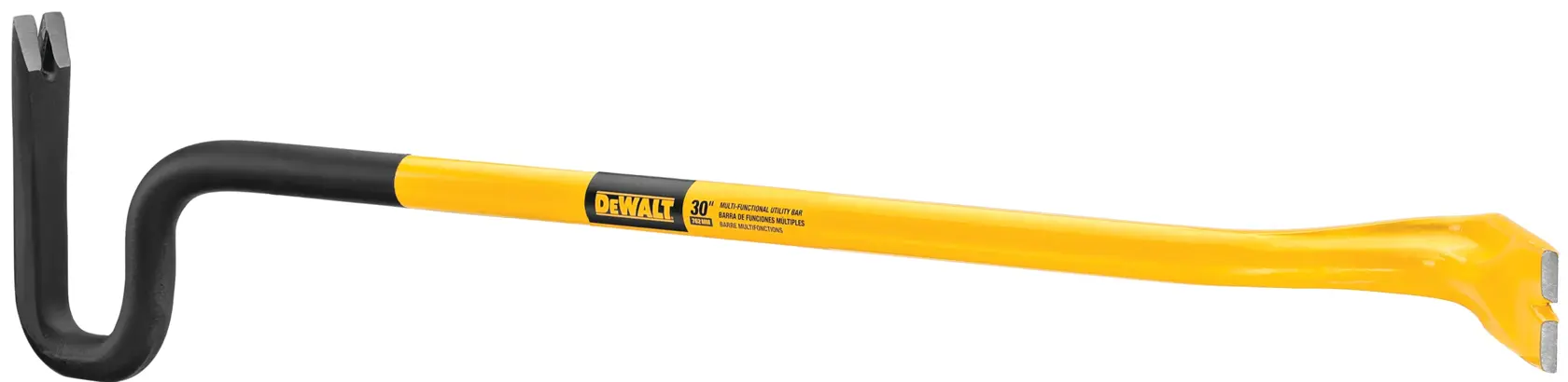 A yellow and black DEWALT wrecking bar with a curved claw and flat pry end, used for demolition and prying tasks.