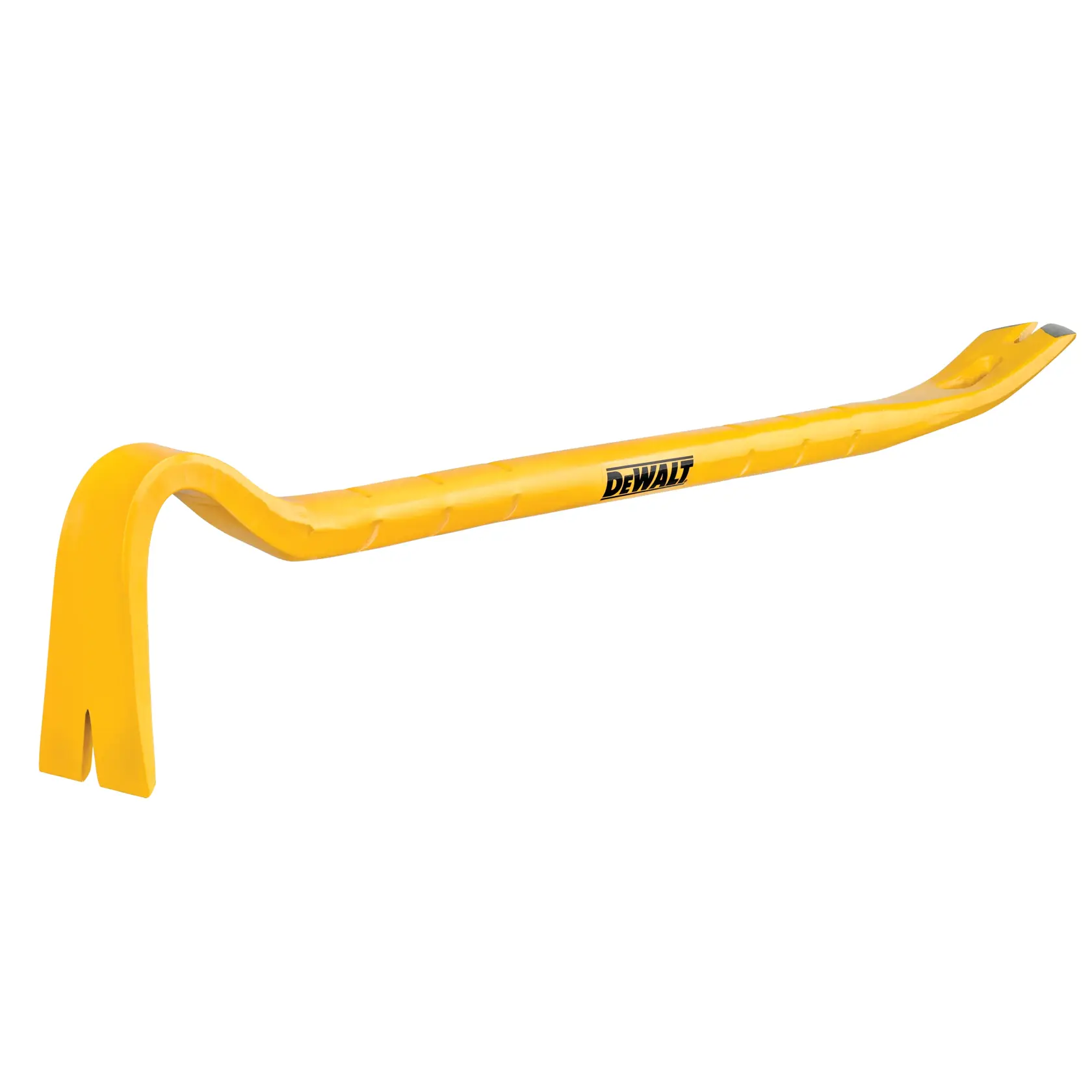 A yellow DEWALT pry bar with a curved end and a flat claw for pulling or prying, photographed on a white background.