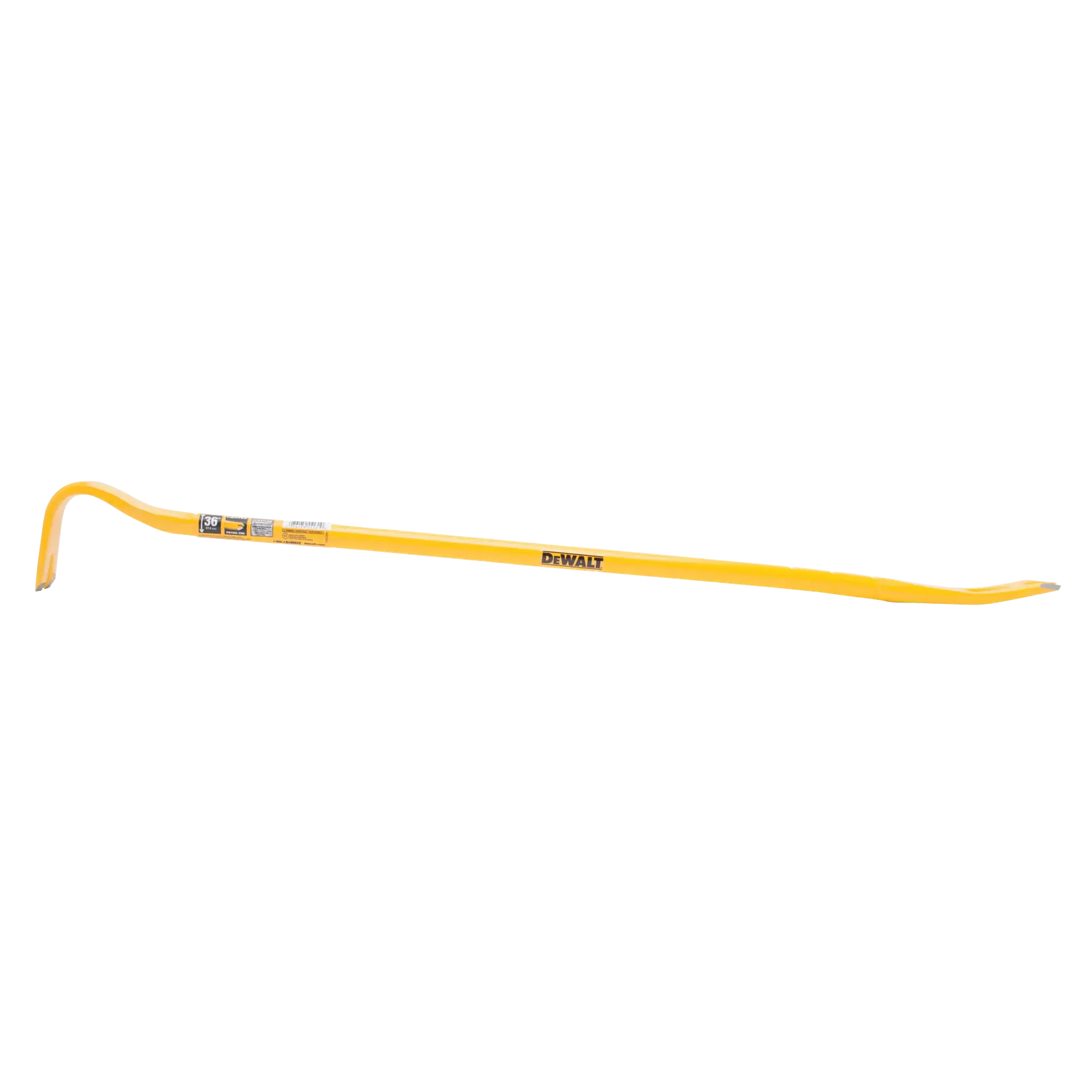 A yellow DEWALT 36-inch wrecking bar with a curved claw on one end and a straight pointed end on the other.