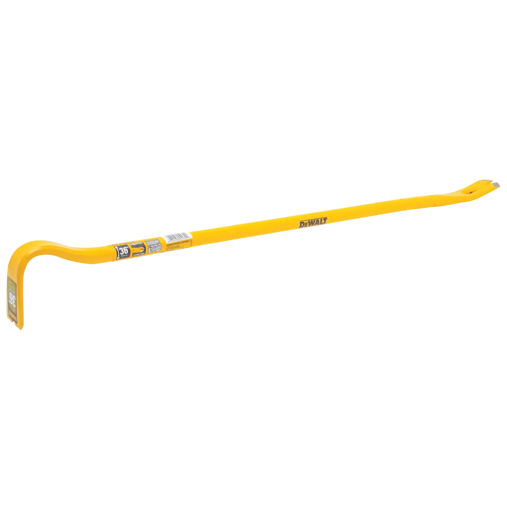 A DEWALT yellow pry bar with angled ends, shown on a white background.