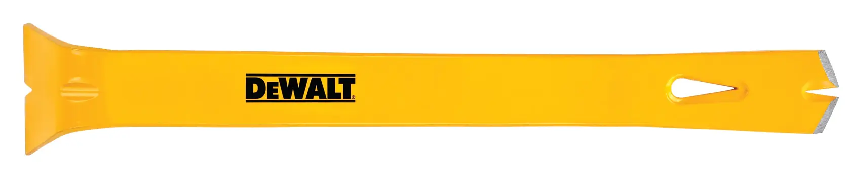 A yellow DEWALT utility bar with angled ends, used for prying and demolition tasks.