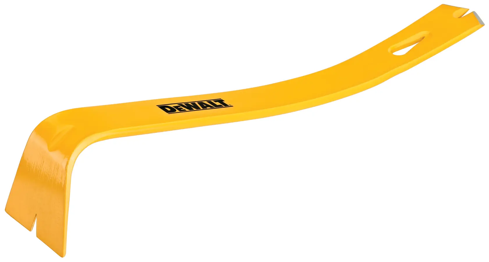 A yellow DEWALT pry bar with a curved design, flat ends, and a nail-pulling slot. The DEWALT logo is printed on the tool.