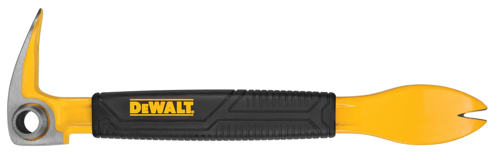 A DEWALT brand pry bar tool with a yellow and black handle. The tool features a claw on one end for prying and nail removal, and a forked flat end for additional leverage.