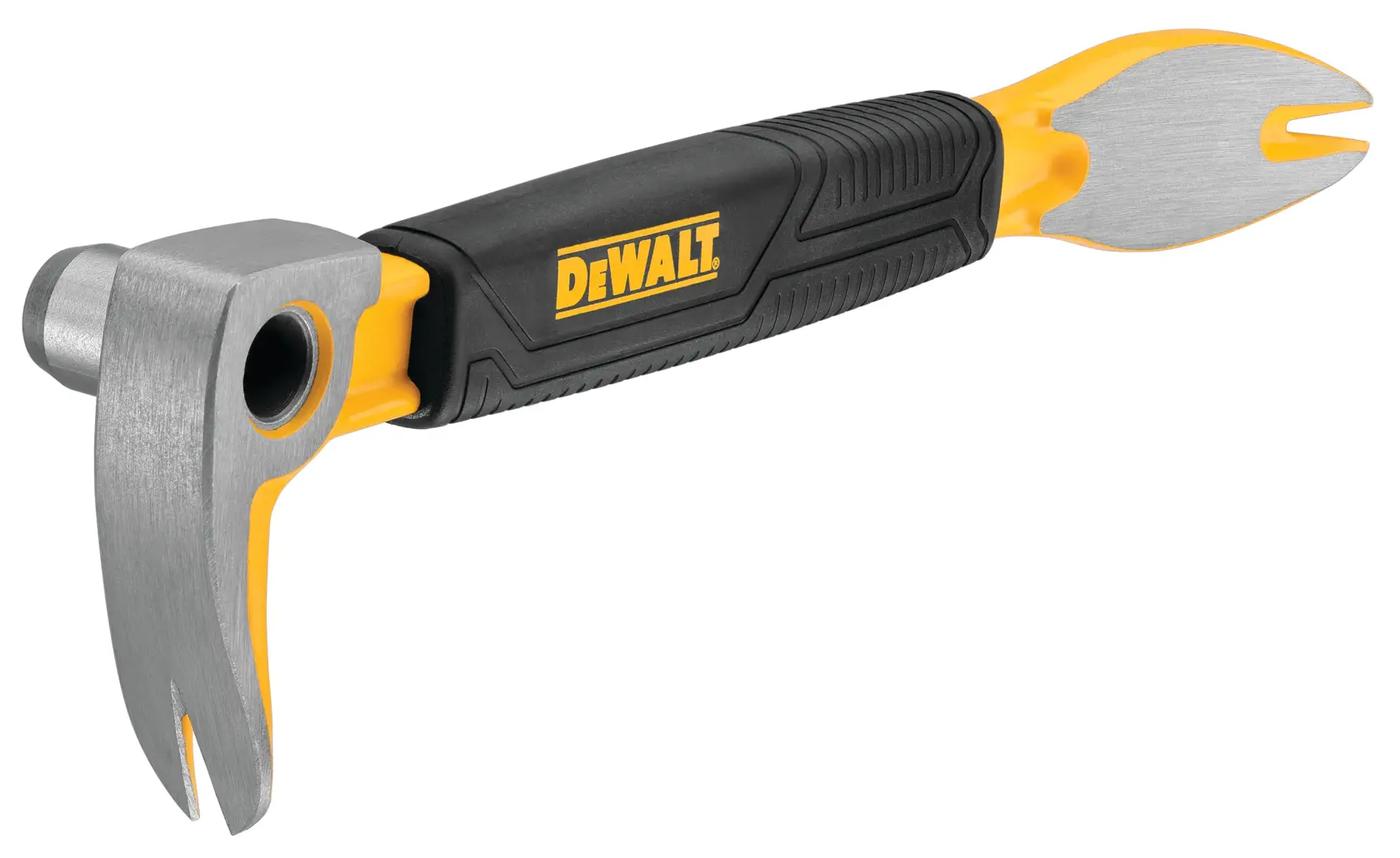 A DEWALT multi-purpose pry bar tool with a black and yellow handle and metal ends for prying and striking.