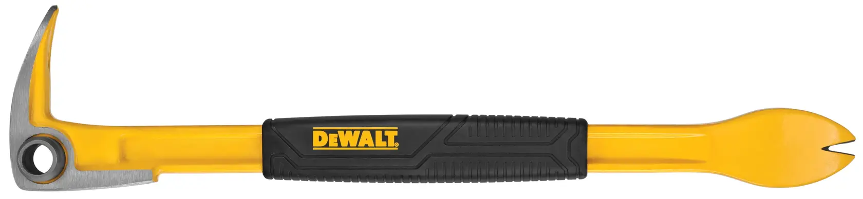 A DEWALT yellow and black hand tool, specifically a claw bar with a comfortable grip handle, used for prying and pulling nails.