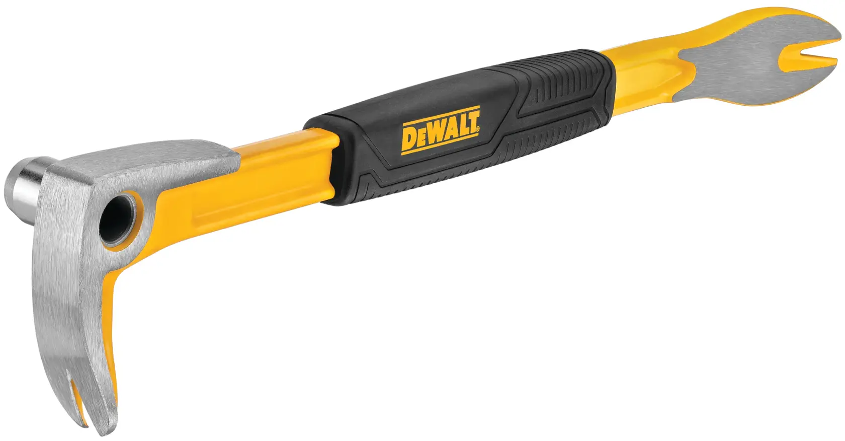A DEWALT multi-functional tool with a hammer head on one end and a pry bar on the other, featuring a yellow and black handle.