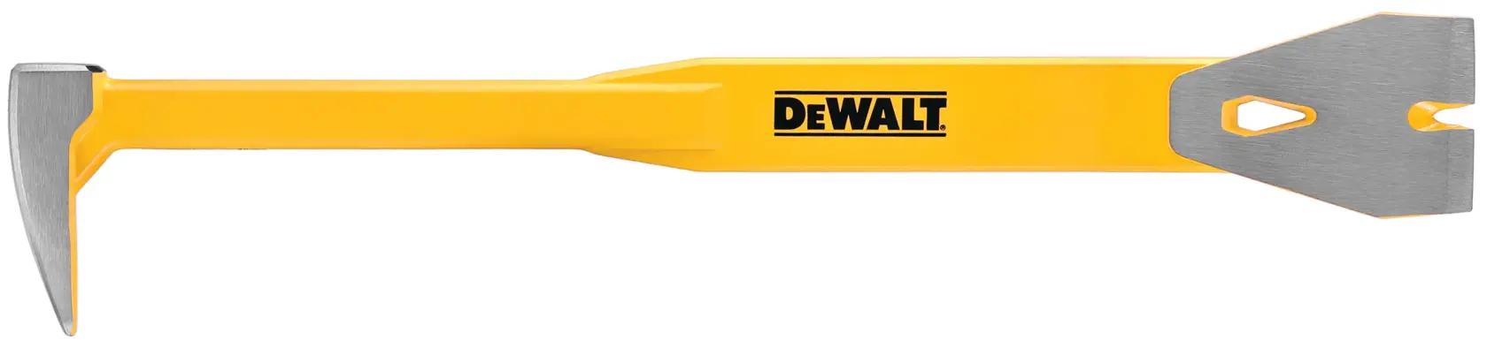 A yellow DEWALT demolition tool with a flat pry end and a tapered, angled claw end, used for construction and demolition tasks.