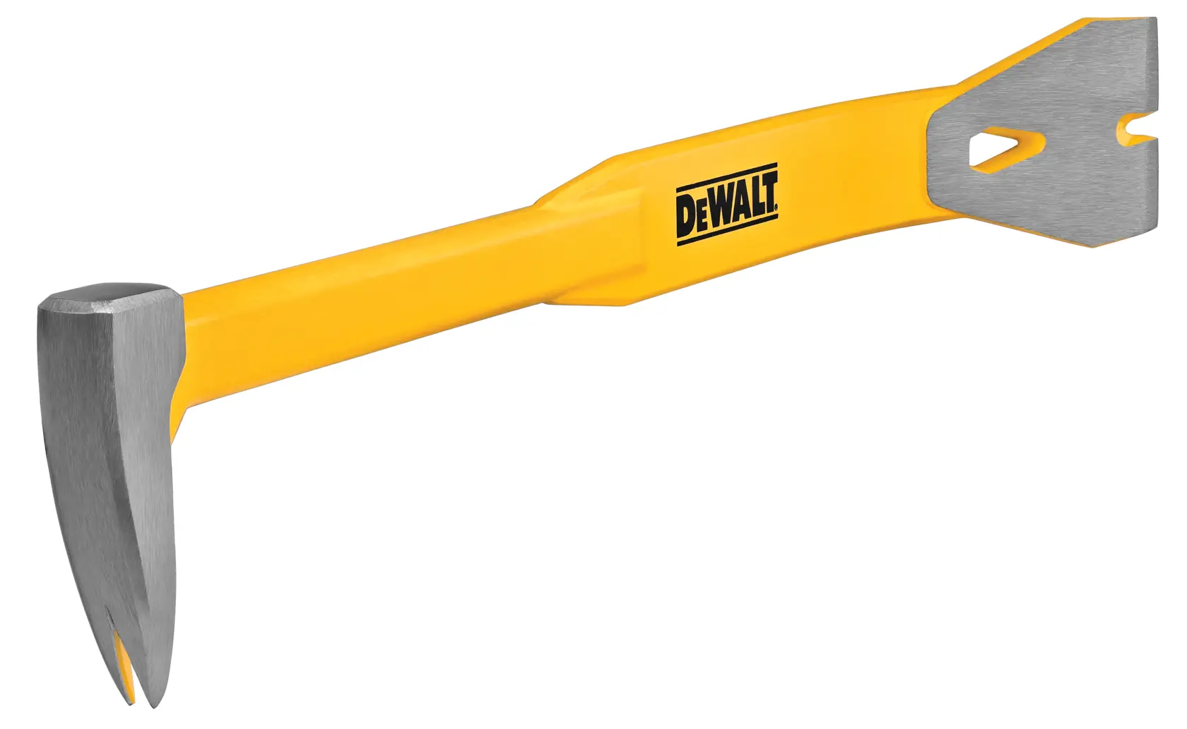 A DEWALT demolition bar with a yellow handle and steel ends, designed for prying and pulling nails.