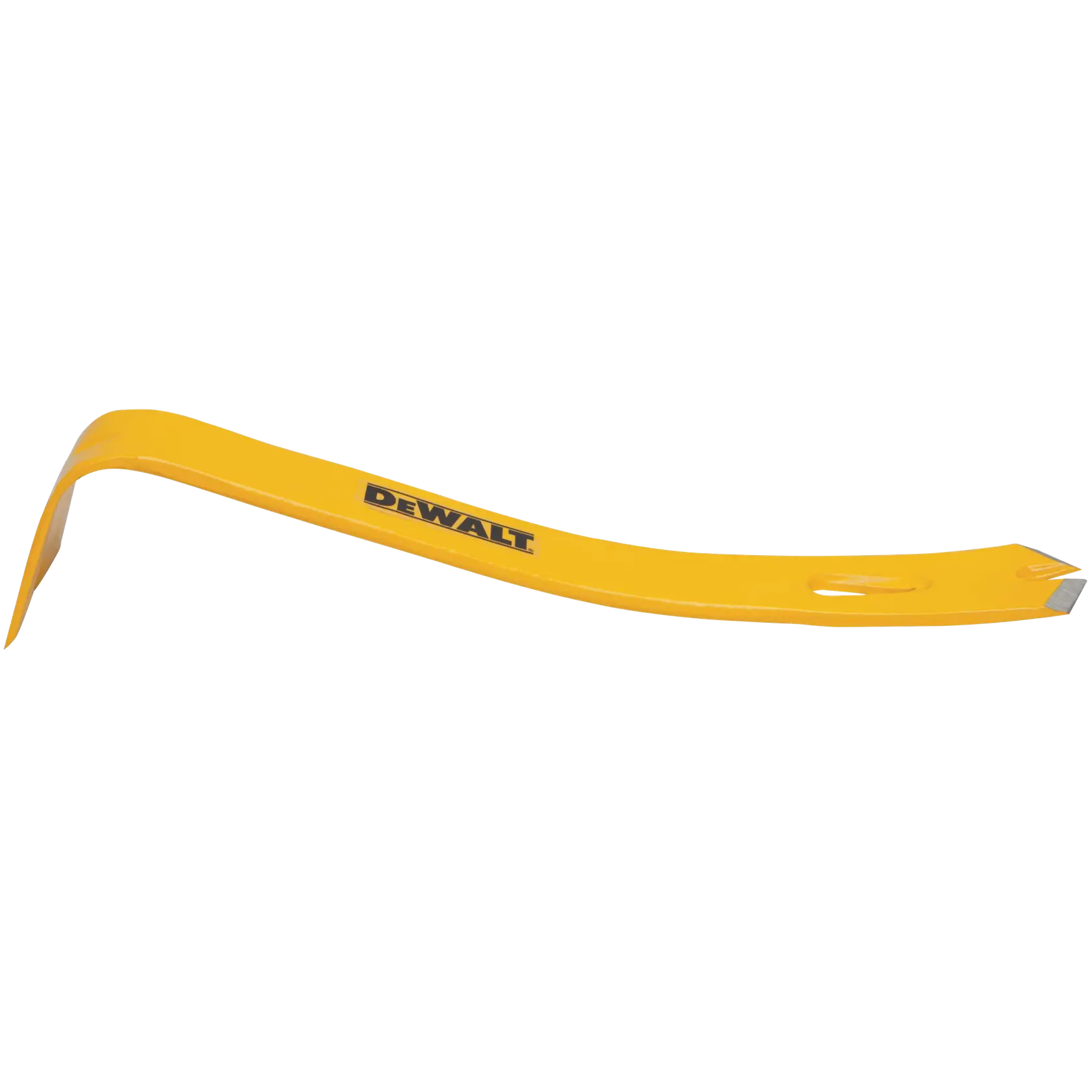 A yellow DEWALT pry bar tool with a curved shape, designed for demolition and removal tasks.