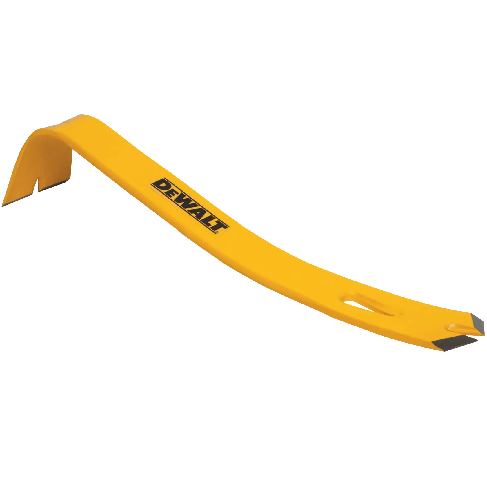 A yellow DEWALT pry bar tool with a curved design and flat ends, used for removing nails or prying materials apart.