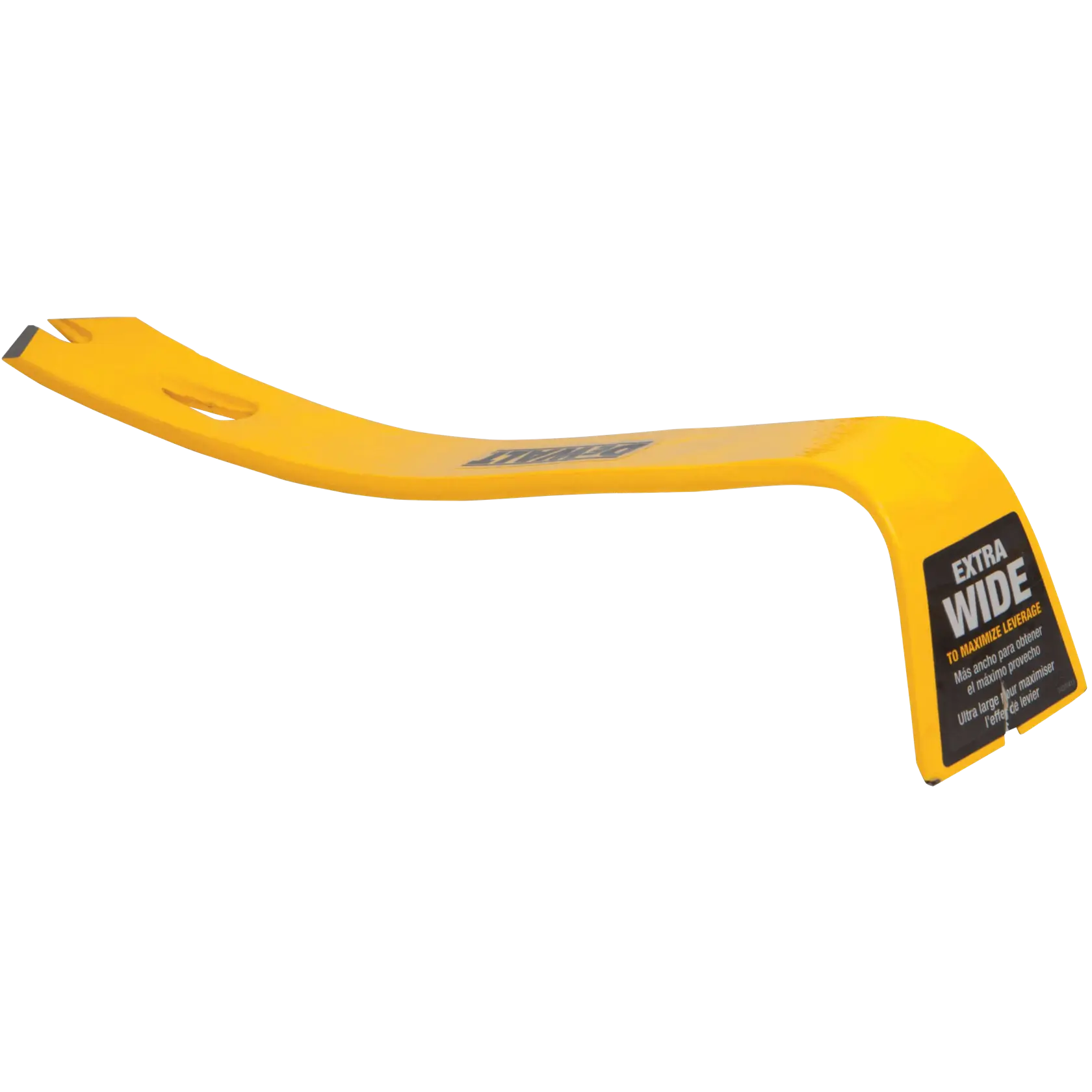 A yellow DEWALT extra-wide pry bar with a flat, angled shape for maximizing leverage, featuring a DEWALT logo and a label indicating its extra-wide design.