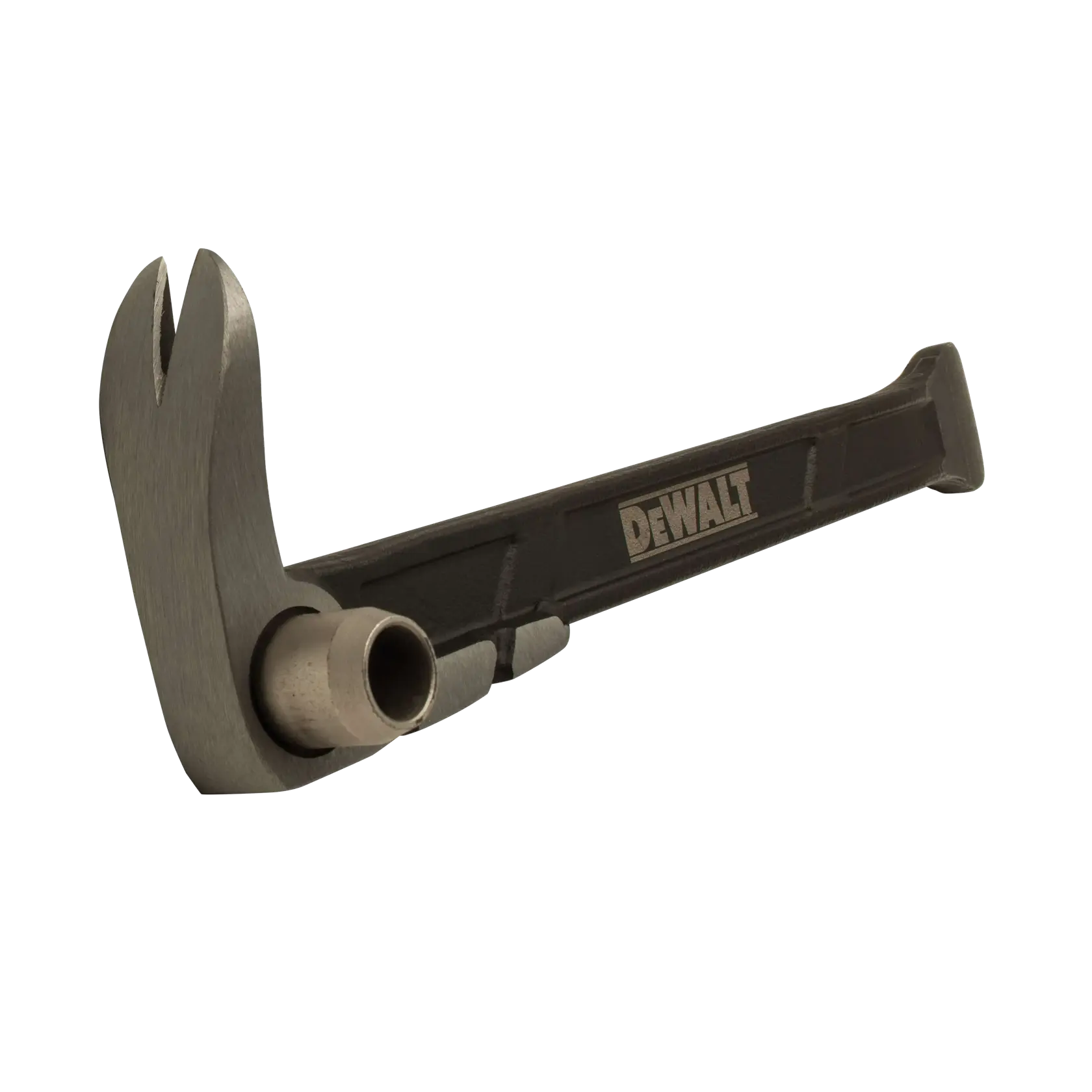 A high-quality DEWALT nail puller tool with a black and metallic finish, designed for removing nails and prying materials, shown isolated against a white background.