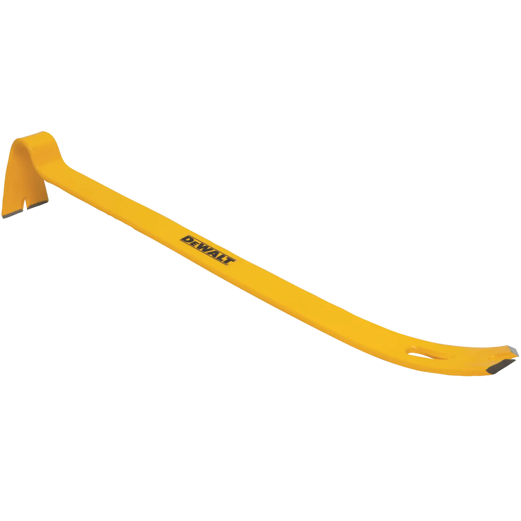 A yellow DEWALT pry bar tool, designed with a flat edge and a curved end for prying and nail removal.