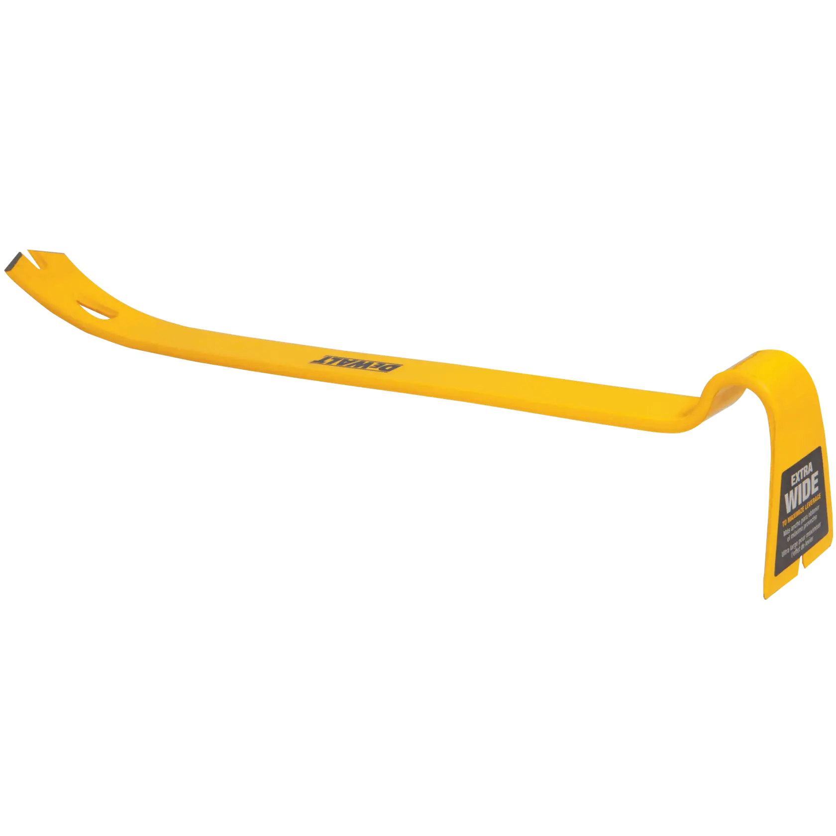 A yellow DEWALT pry bar with a curved end designed for pulling nails and removing boards or materials.