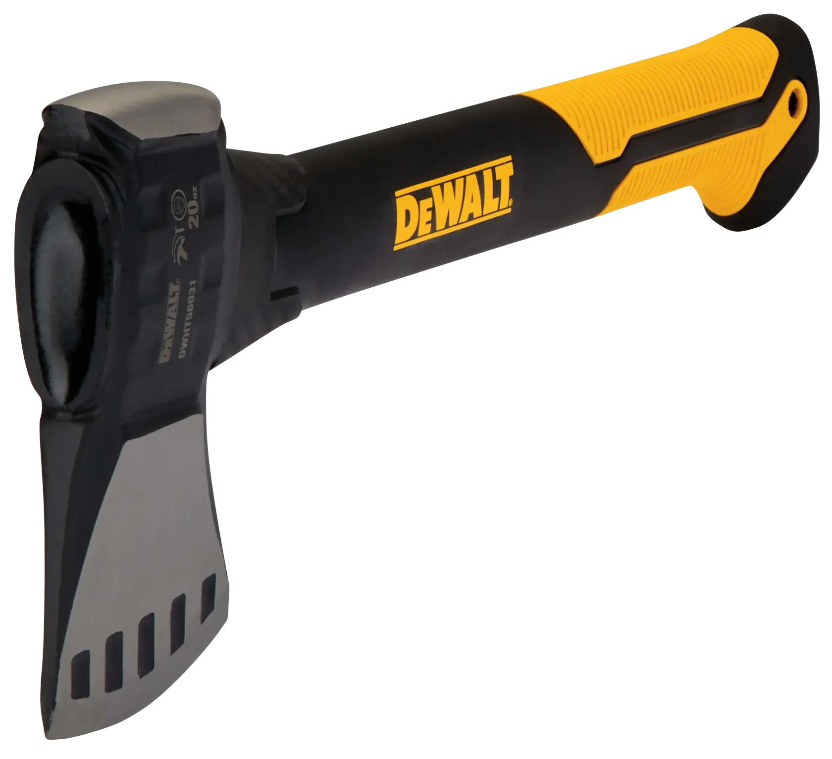 A DEWALT branded hatchet with a yellow and black ergonomic handle and a steel blade. The model SKU DWHT56031 is visible near the head.
