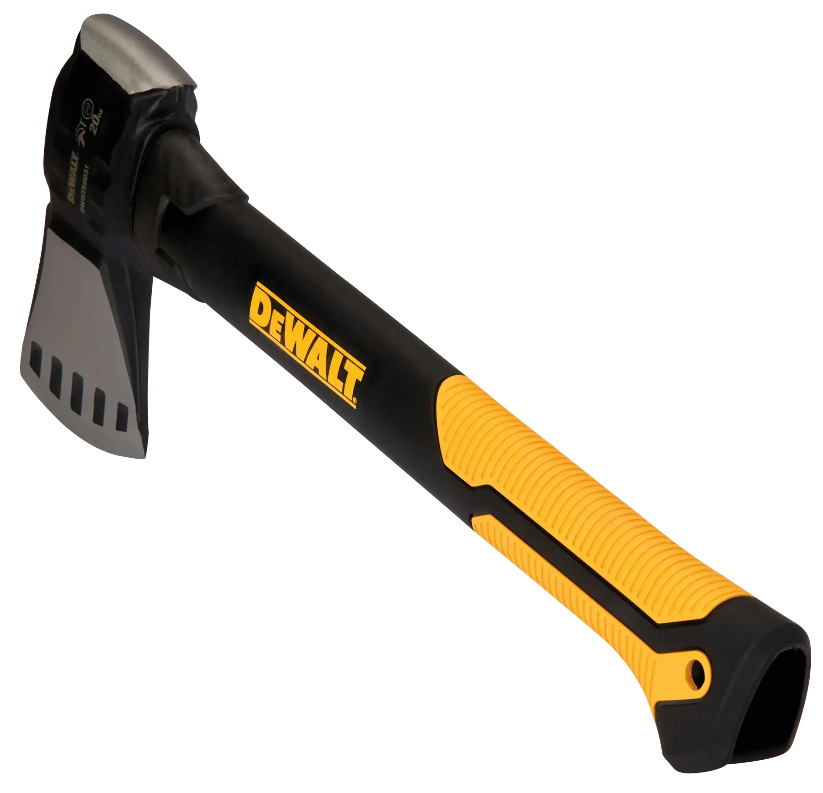 A DEWALT-branded hatchet with a black and yellow ergonomically-designed handle and a steel blade, photographed on a white background.