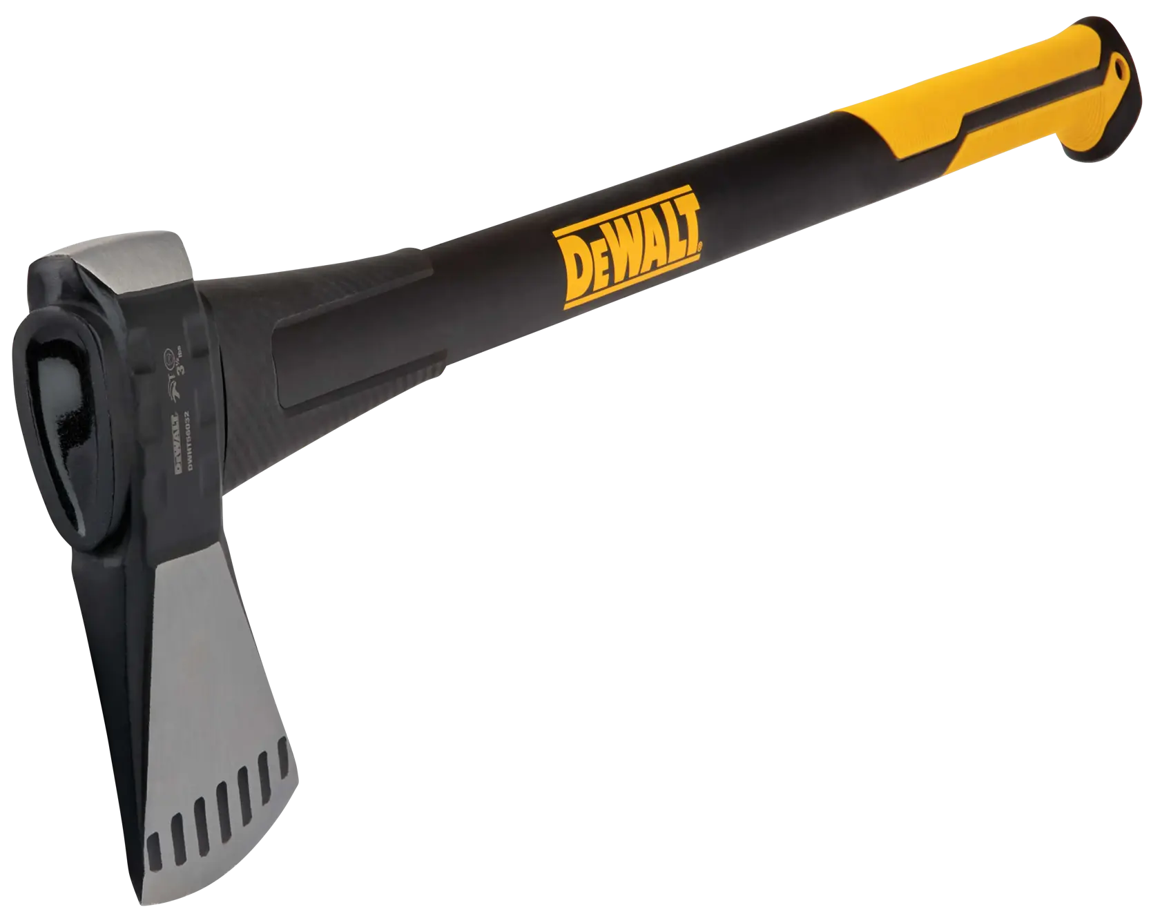 A DEWALT splitting axe with a silver blade and black and yellow handle, shown against a white background.