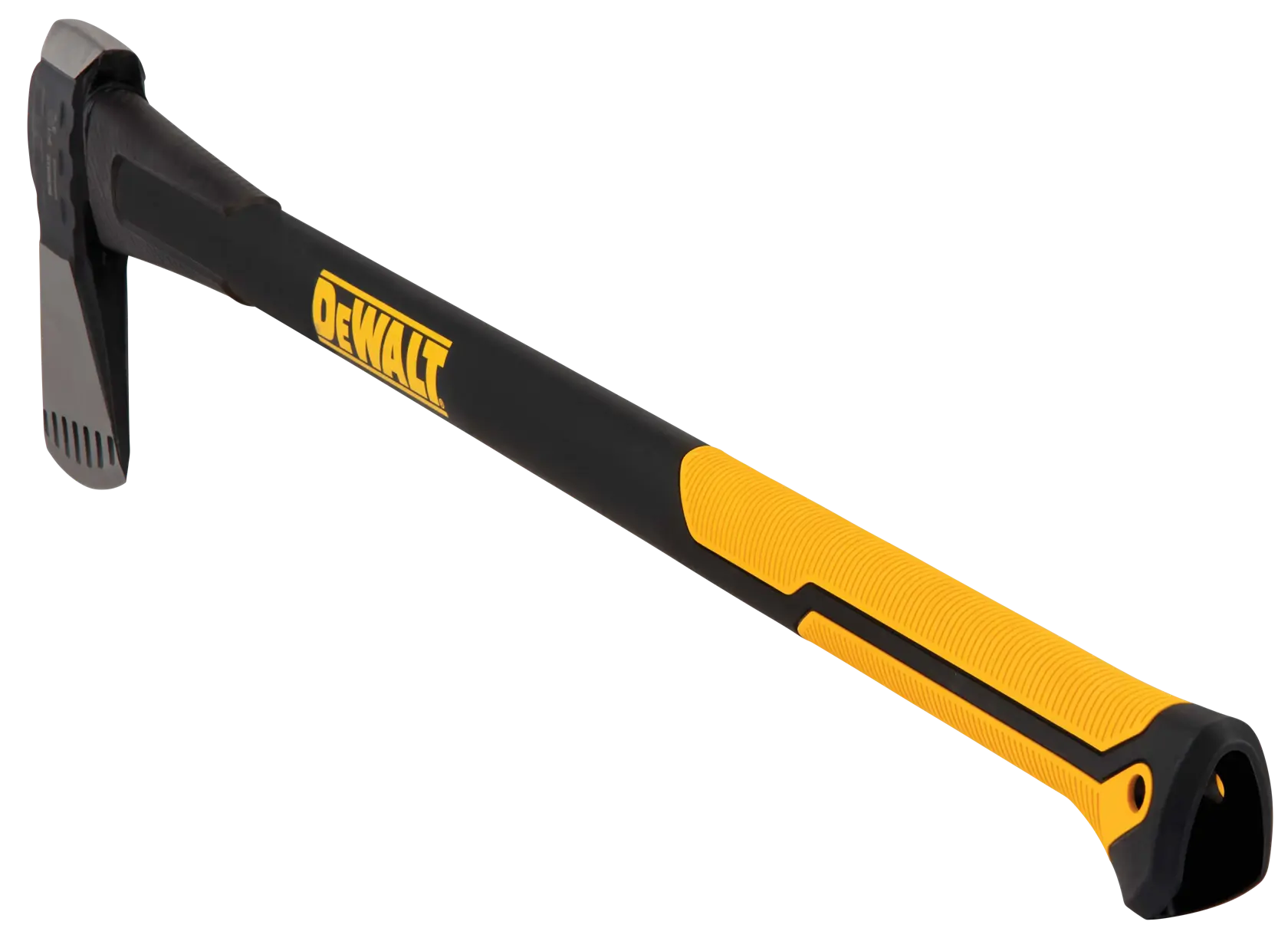 A DEWALT demolition hammer with a long black and yellow handle and a metal head, designed for heavy-duty construction work.