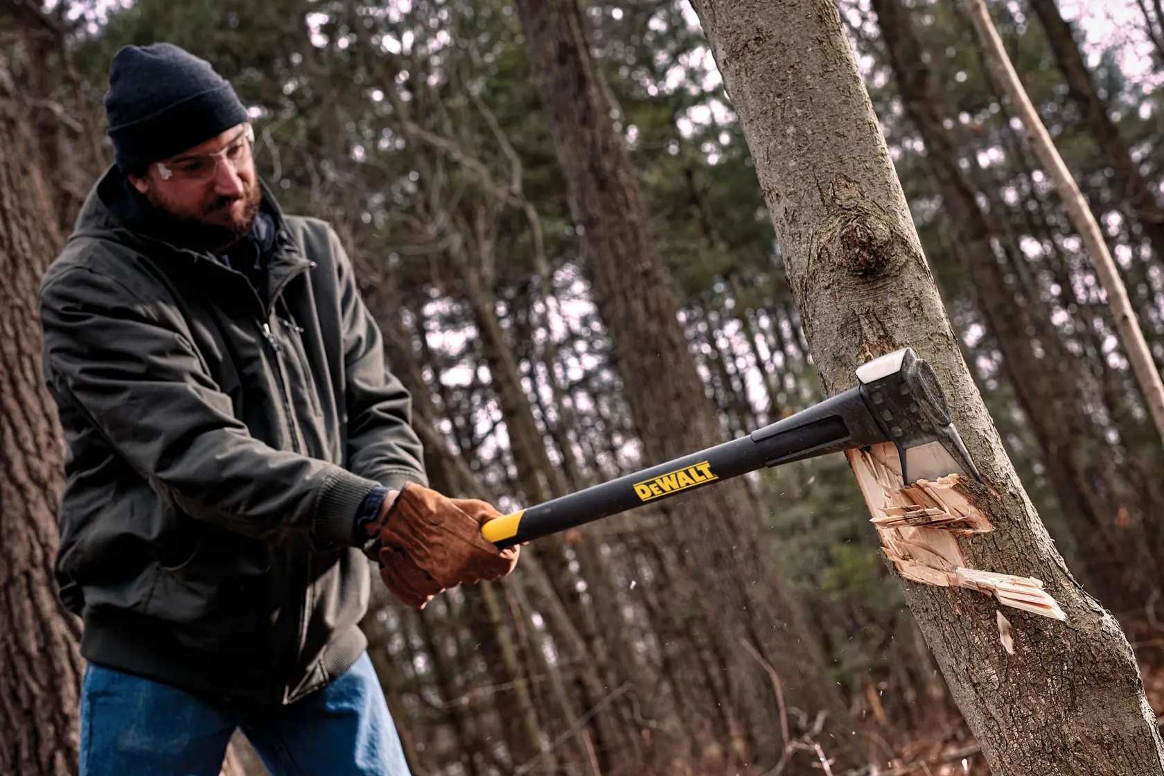 A person outdoors in a wooded area uses a DEWALT-branded axe to chop into a tree trunk, wearing gloves and a jacket.
