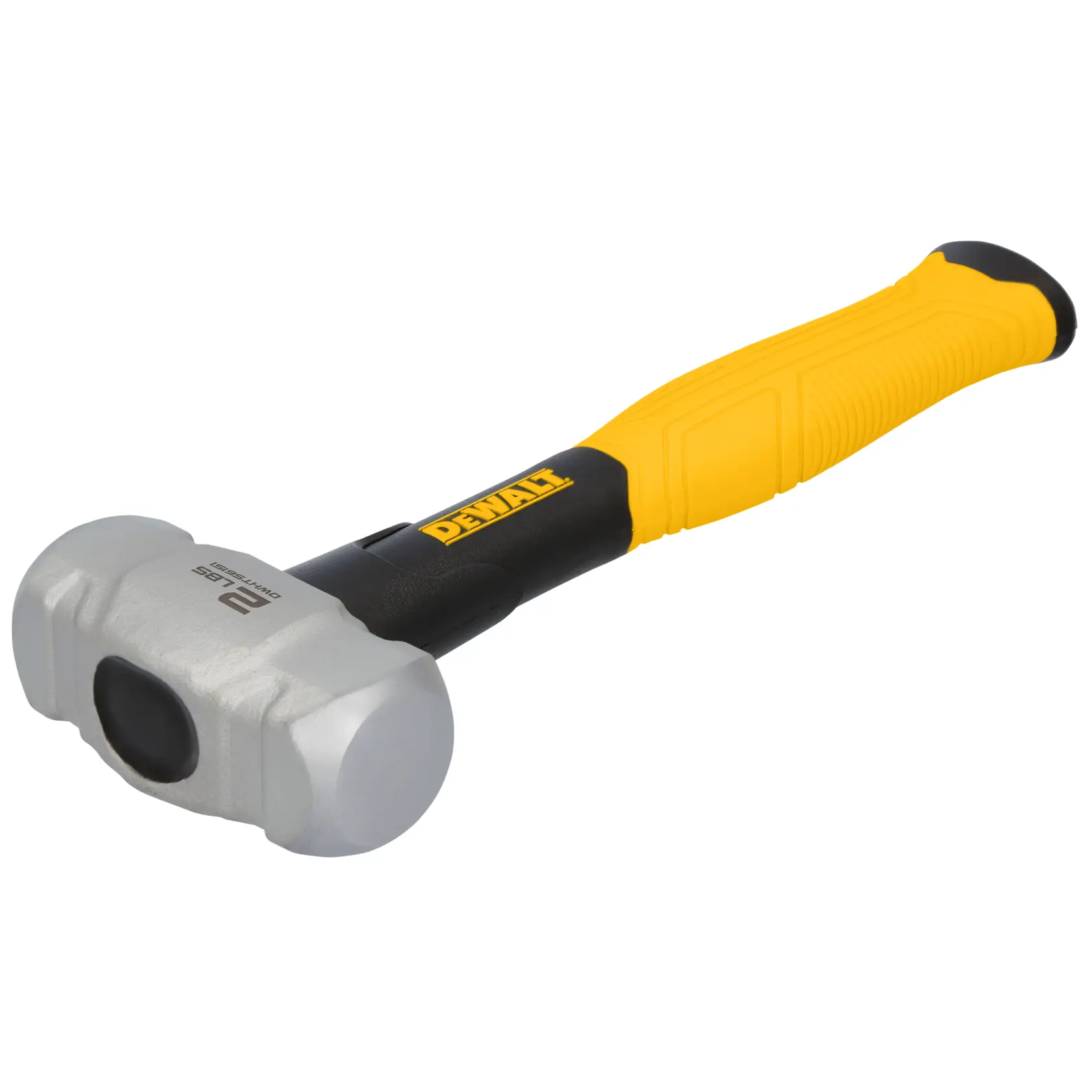 A DEWALT sledgehammer with a yellow and black handle and a silver, heavy-duty metal head, shown on a white background.