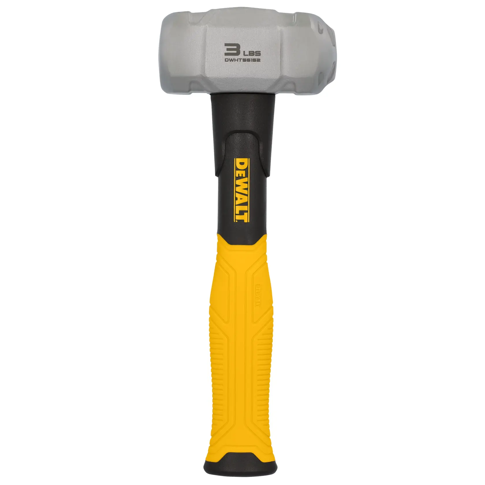 A DEWALT 3 lbs sledgehammer with a yellow and black handle, model DWHT56152. The hammer has a solid metal head and a textured grip.