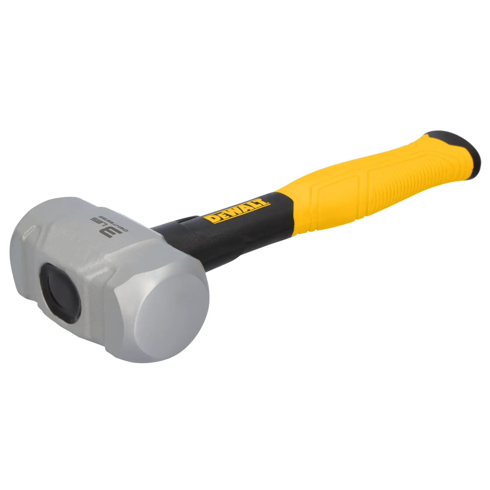 A DEWALT sledge hammer with a yellow and black ergonomic handle and a metallic dual-faced head, positioned on a white background.